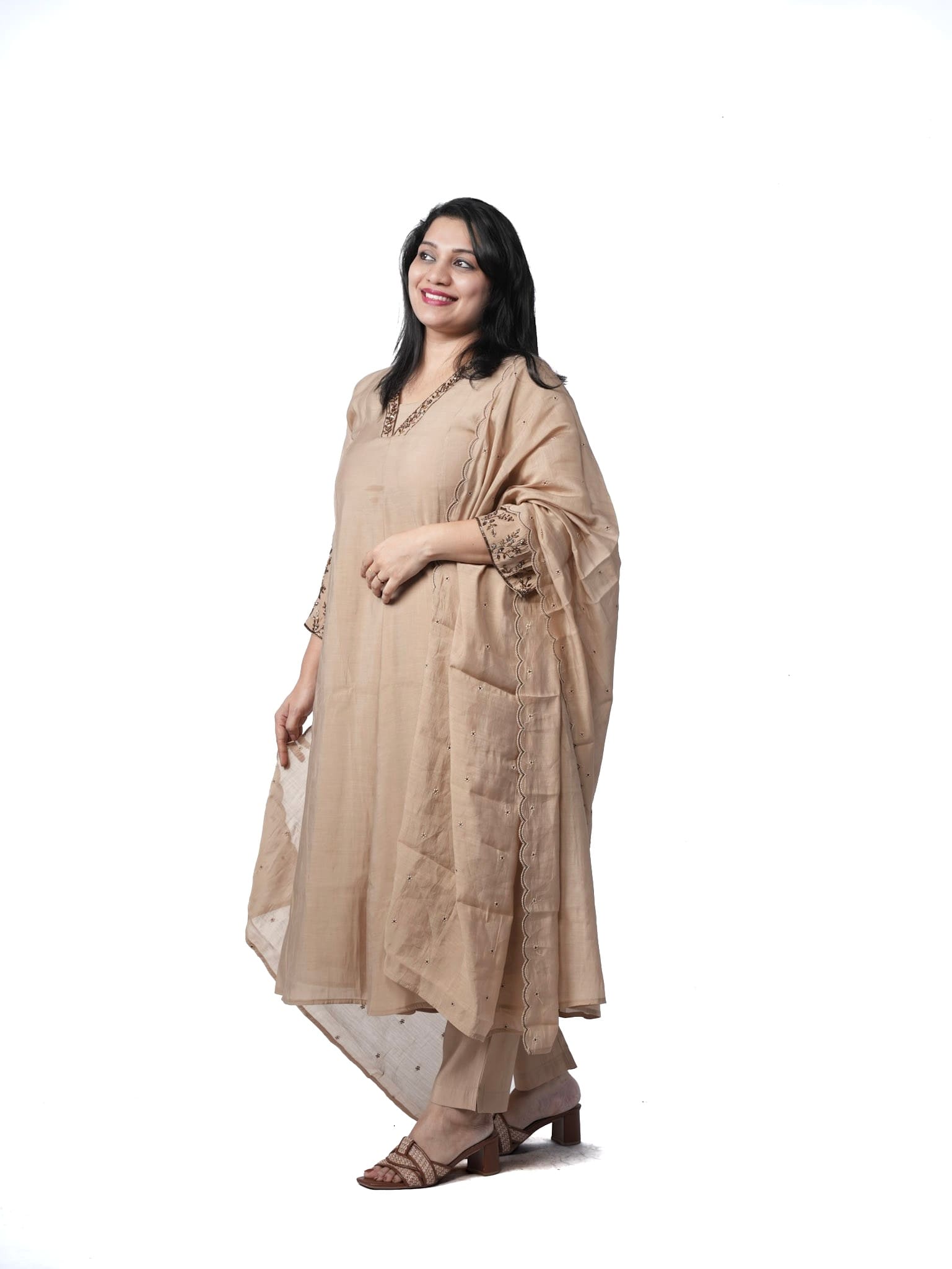 Mocha Elegance Embroidered Mal Chanderi Kurta Set