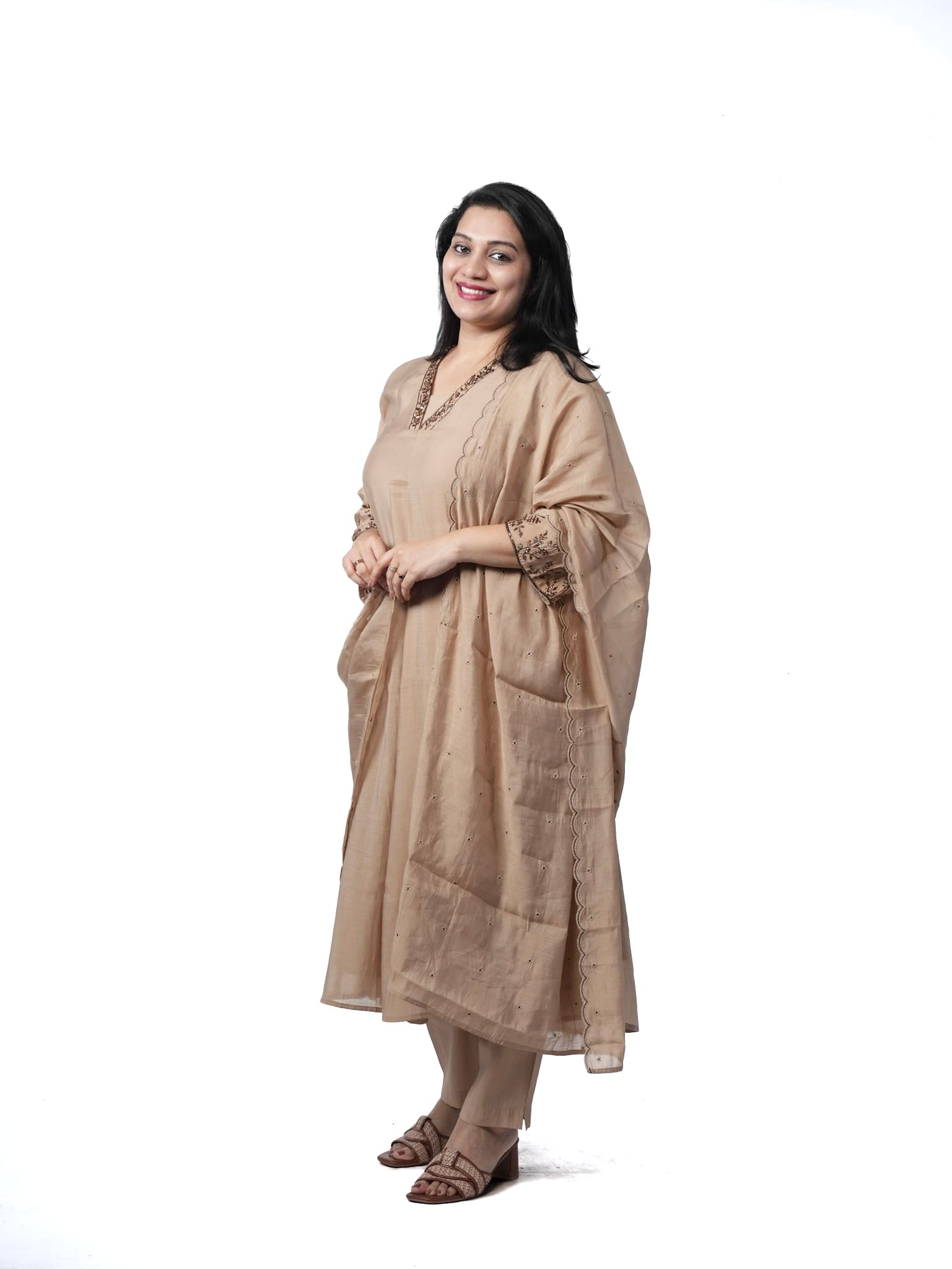 Mocha Elegance Embroidered Mal Chanderi Kurta Set