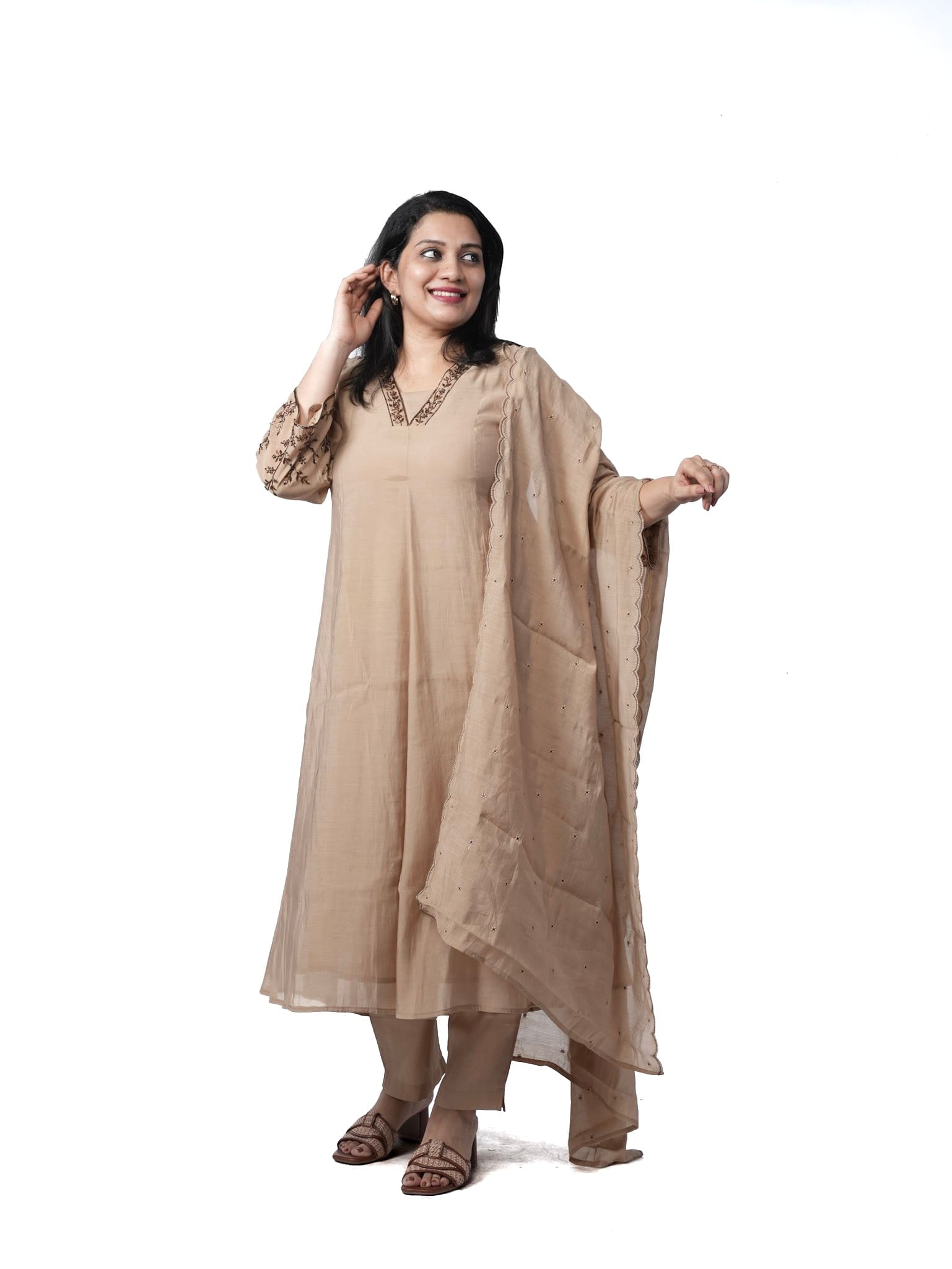 Mocha Elegance Embroidered Mal Chanderi Kurta Set