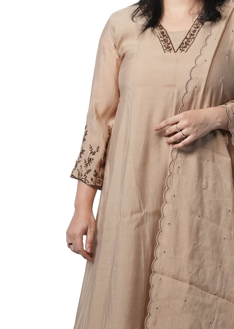 Mocha Elegance Embroidered Mal Chanderi Kurta Set