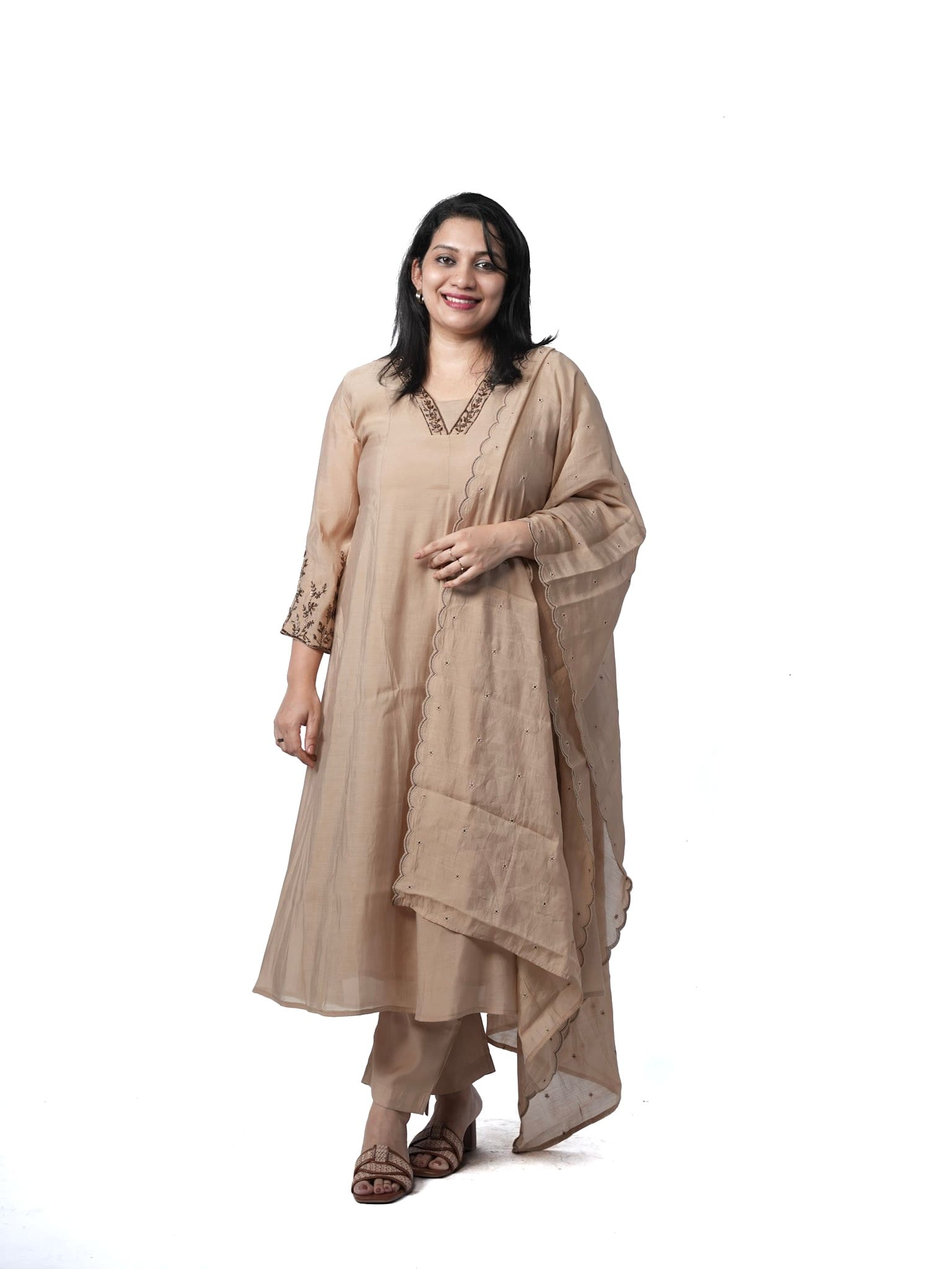 Mocha Elegance Embroidered Mal Chanderi Kurta Set