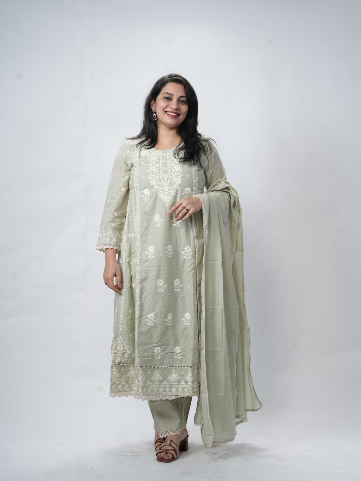 Sage Green chickenkari Cotton Kurti Set