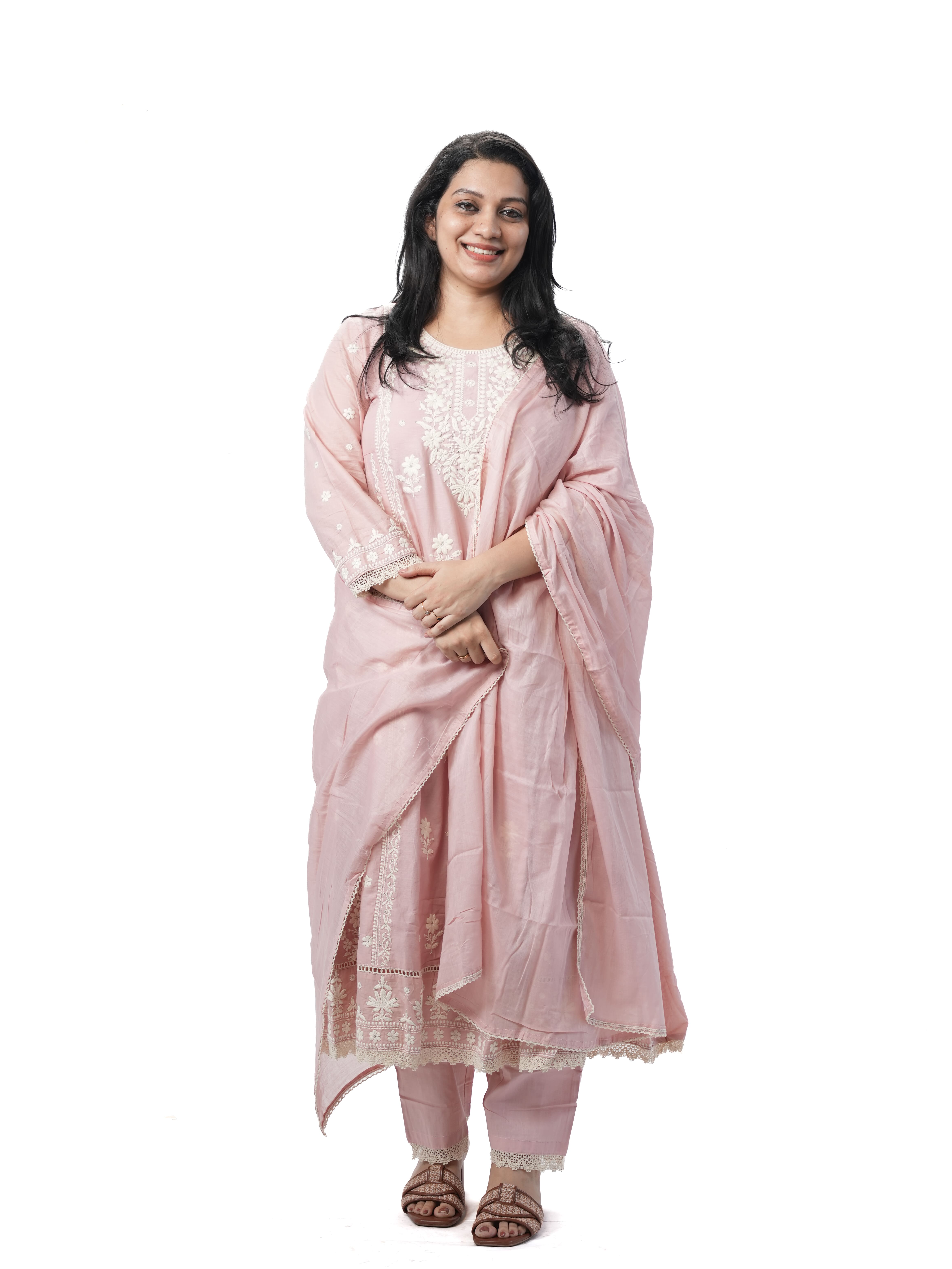 Powder Pink Embroidered Cotton Kurti Set