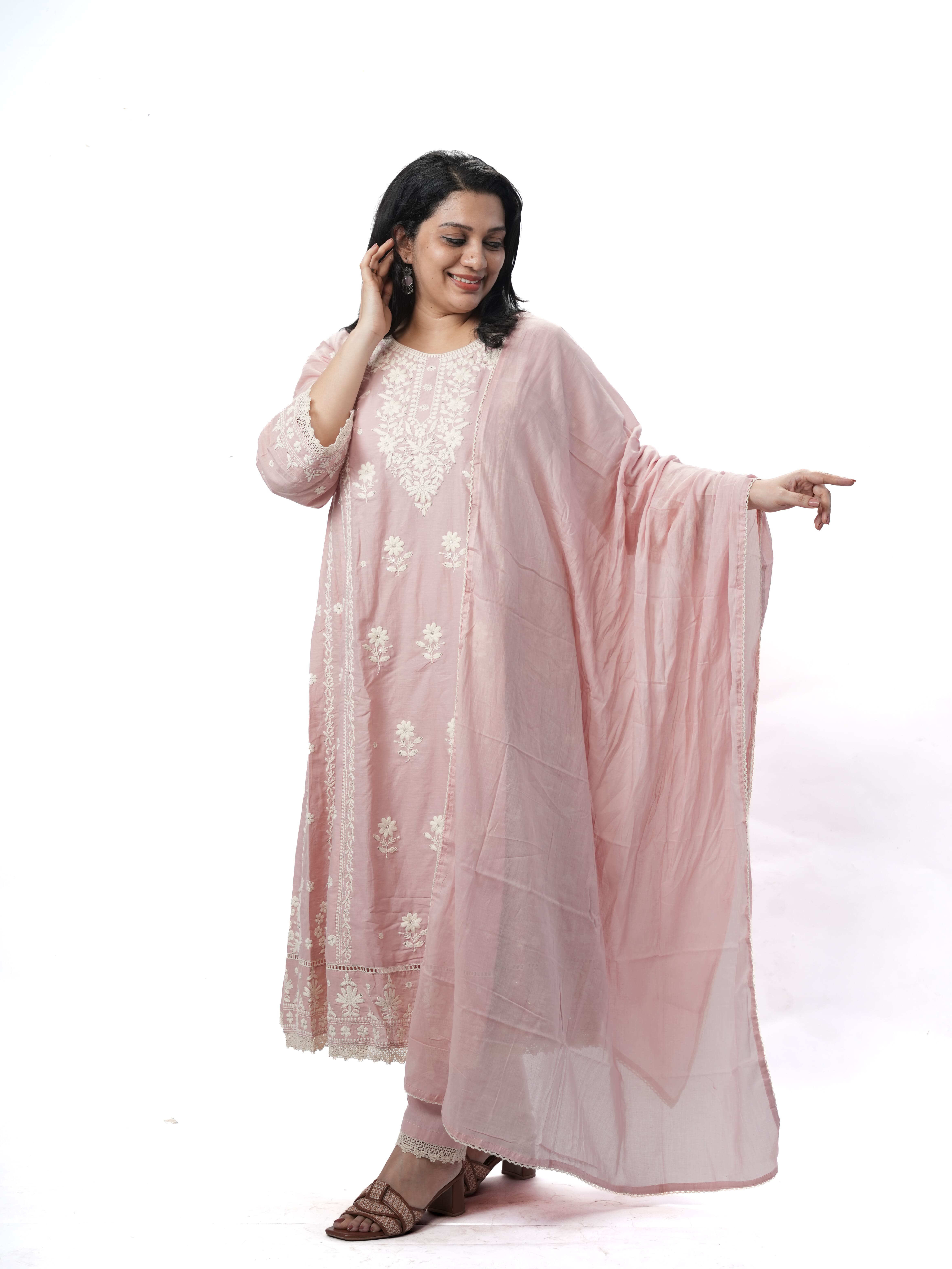 Powder Pink Embroidered Cotton Kurti Set