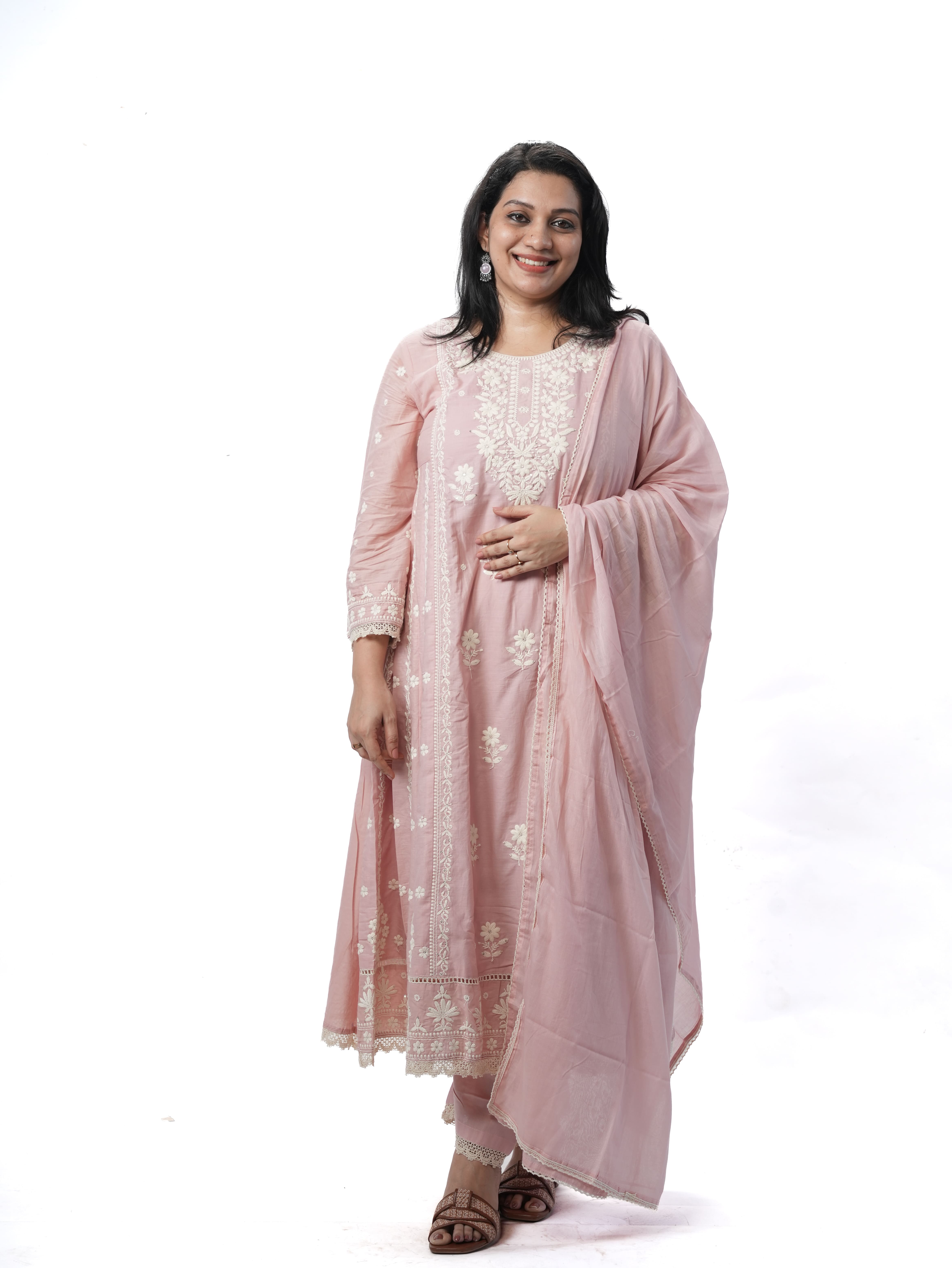 Powder Pink Embroidered Cotton Kurti Set