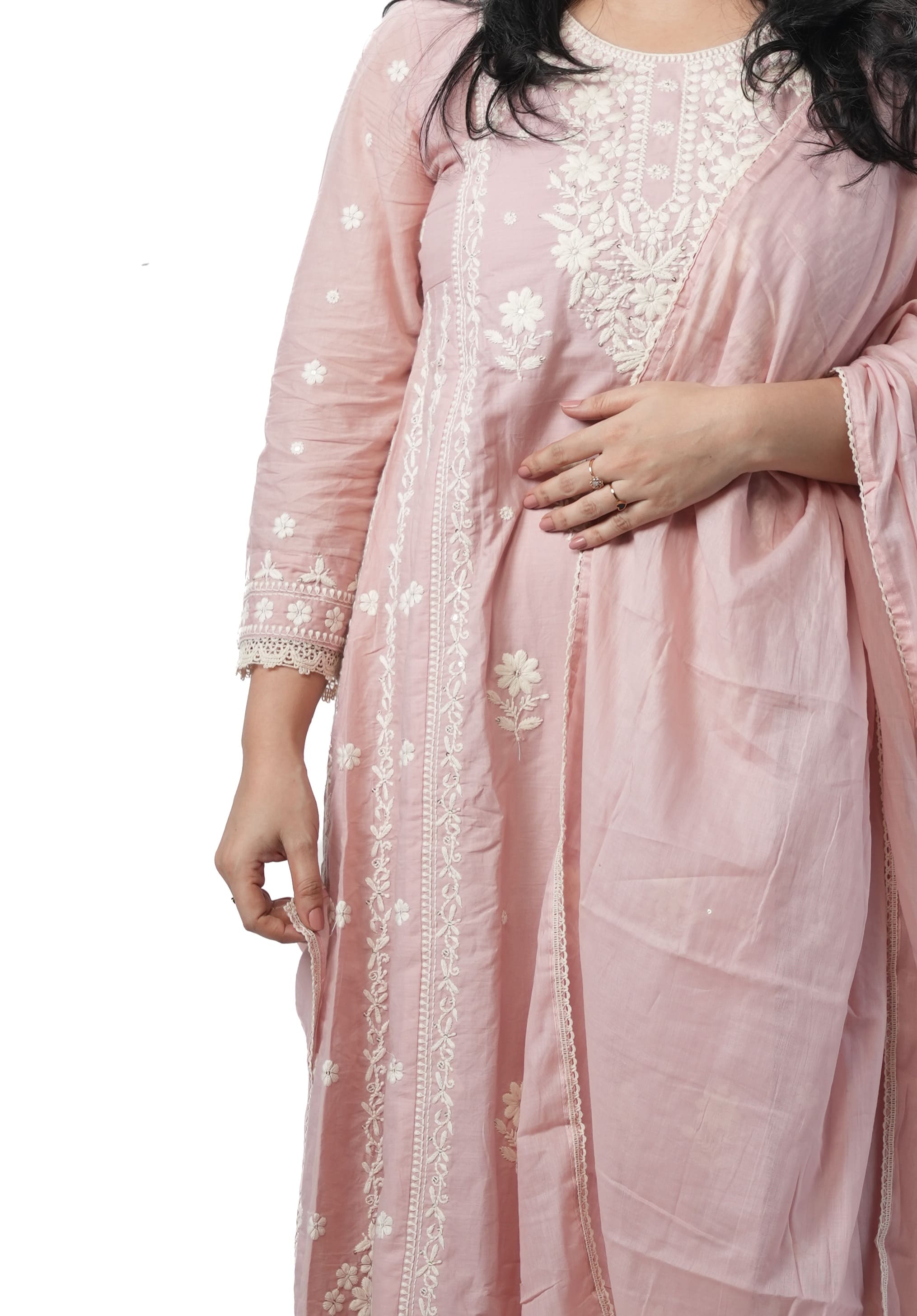 Powder Pink Embroidered Cotton Kurti Set