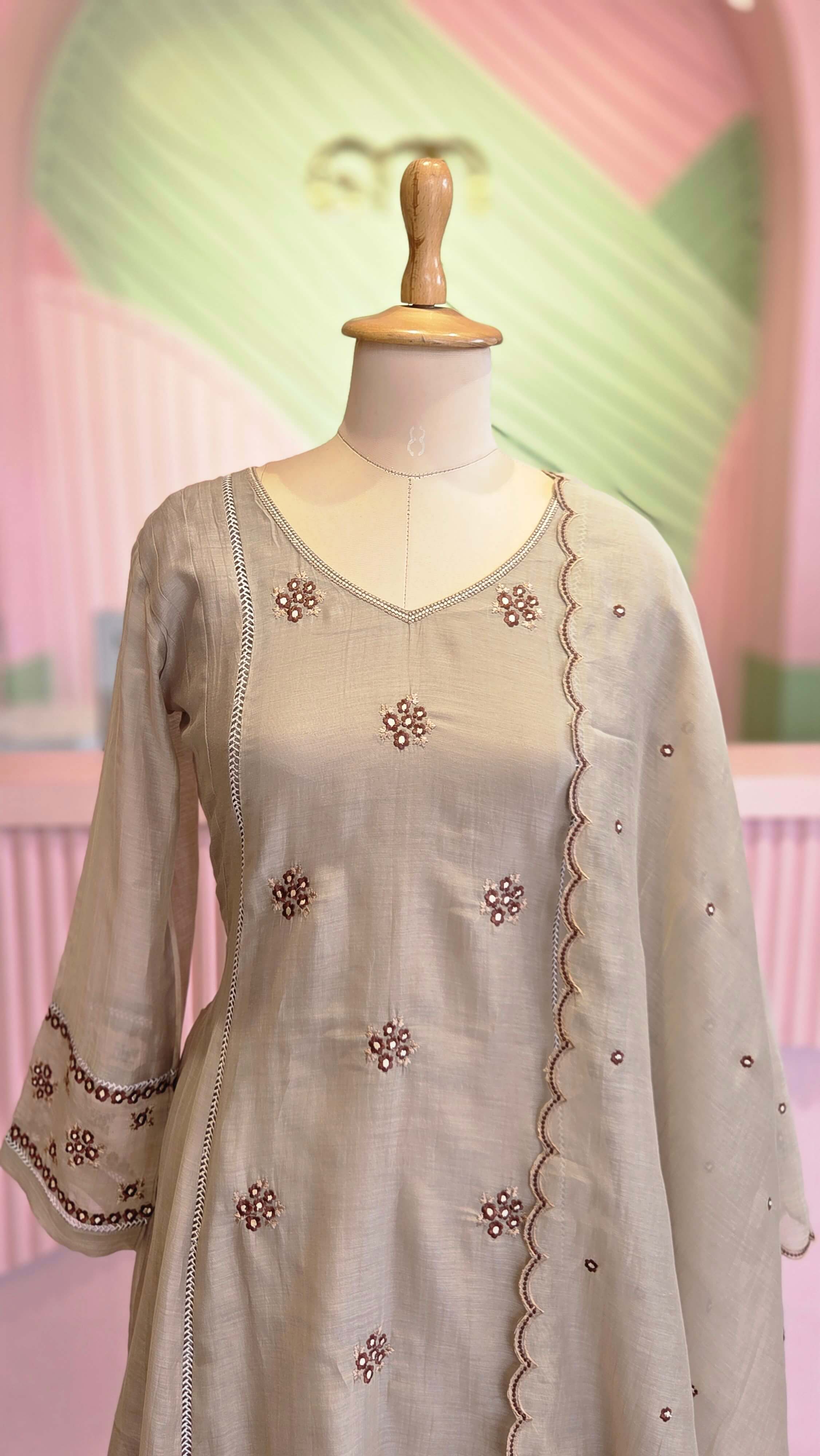 Elegant Taupe Gray Mal Chanderi Salwar Suit Set