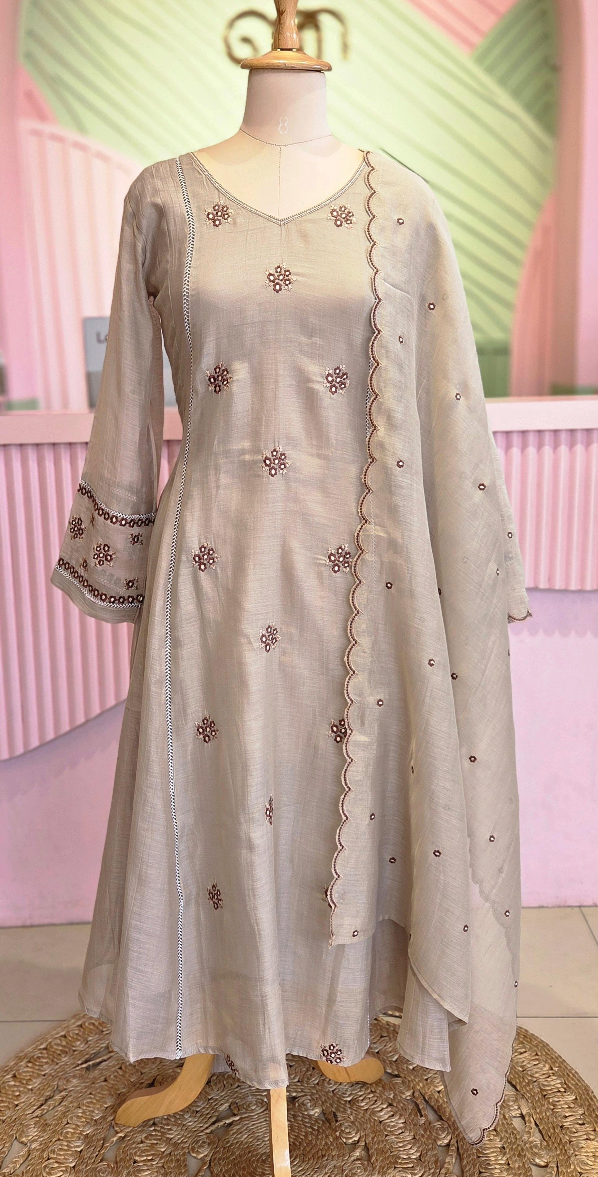 Elegant Taupe Gray Mal Chanderi Salwar Suit Set