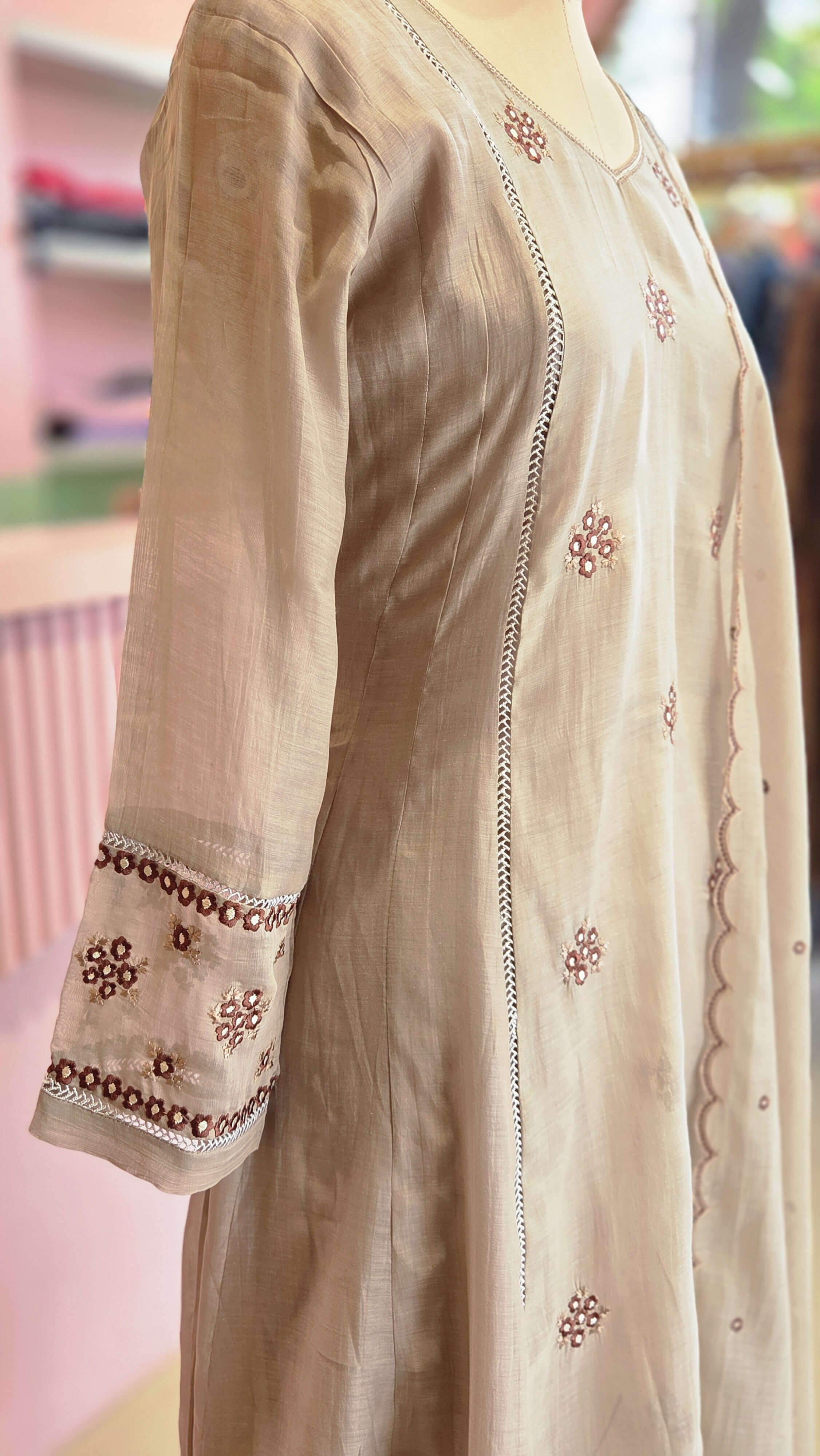 Elegant Taupe Gray Mal Chanderi Salwar Suit Set