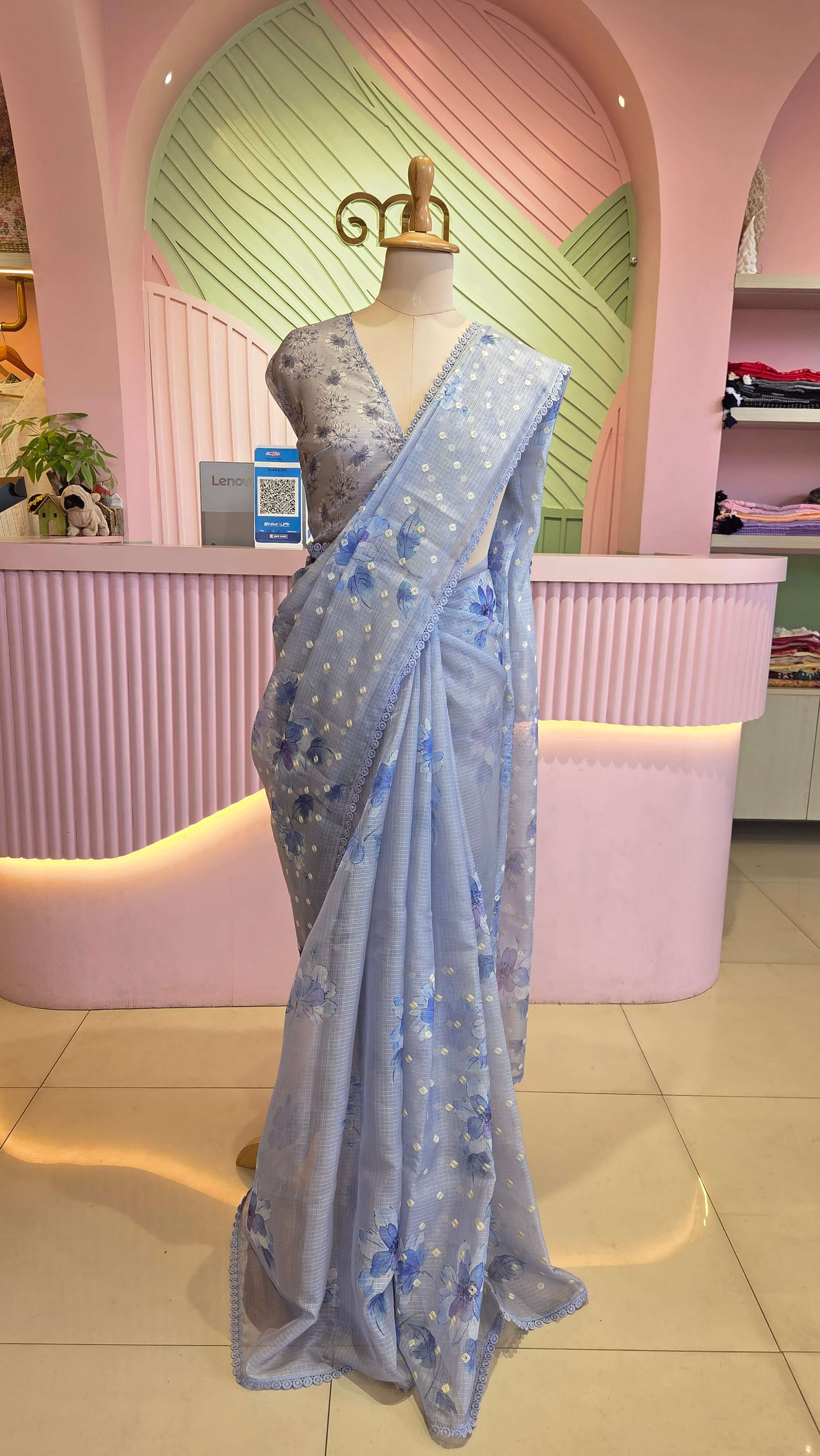 Powder blue floral kota saree