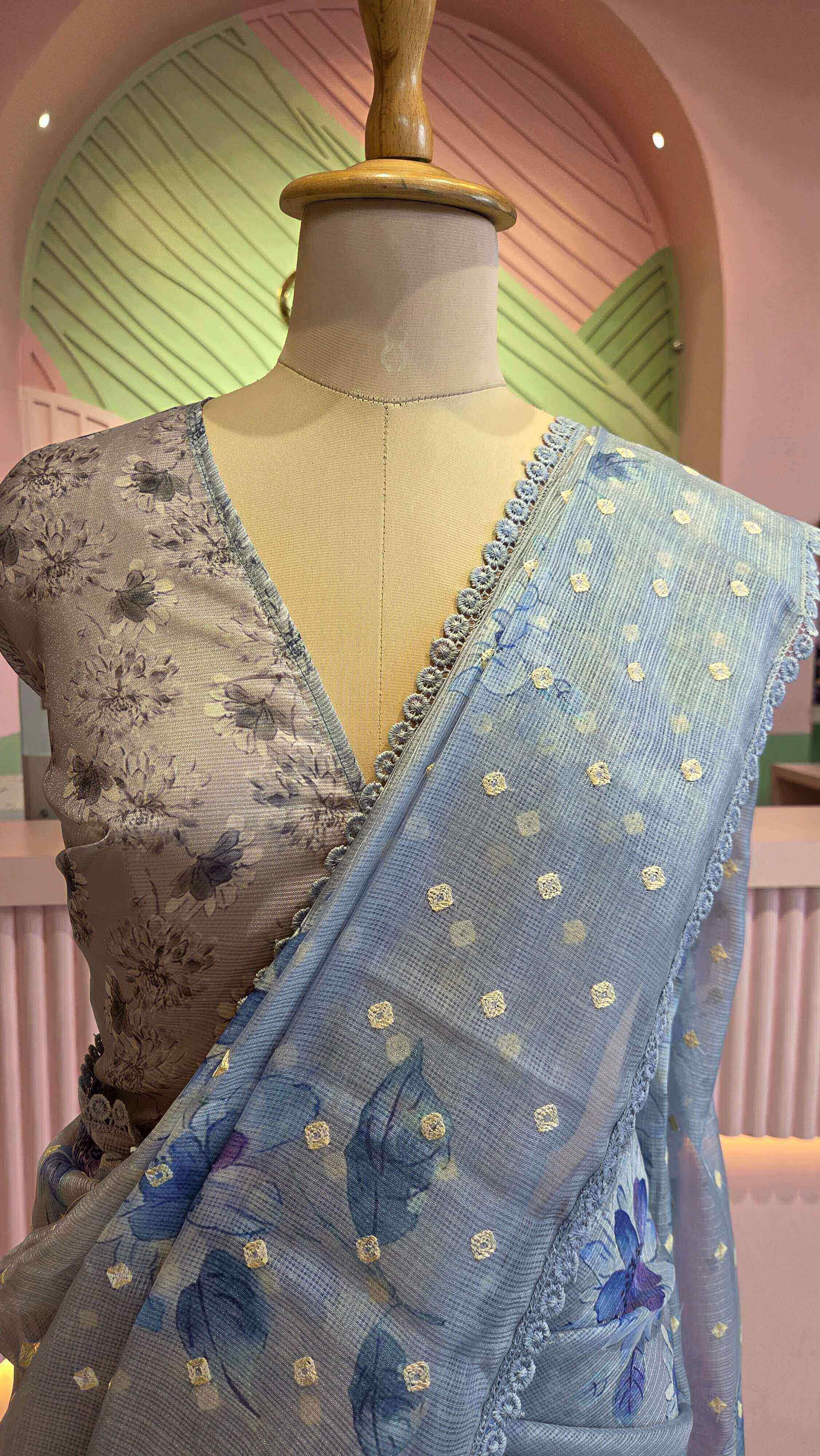 Powder blue floral kota saree