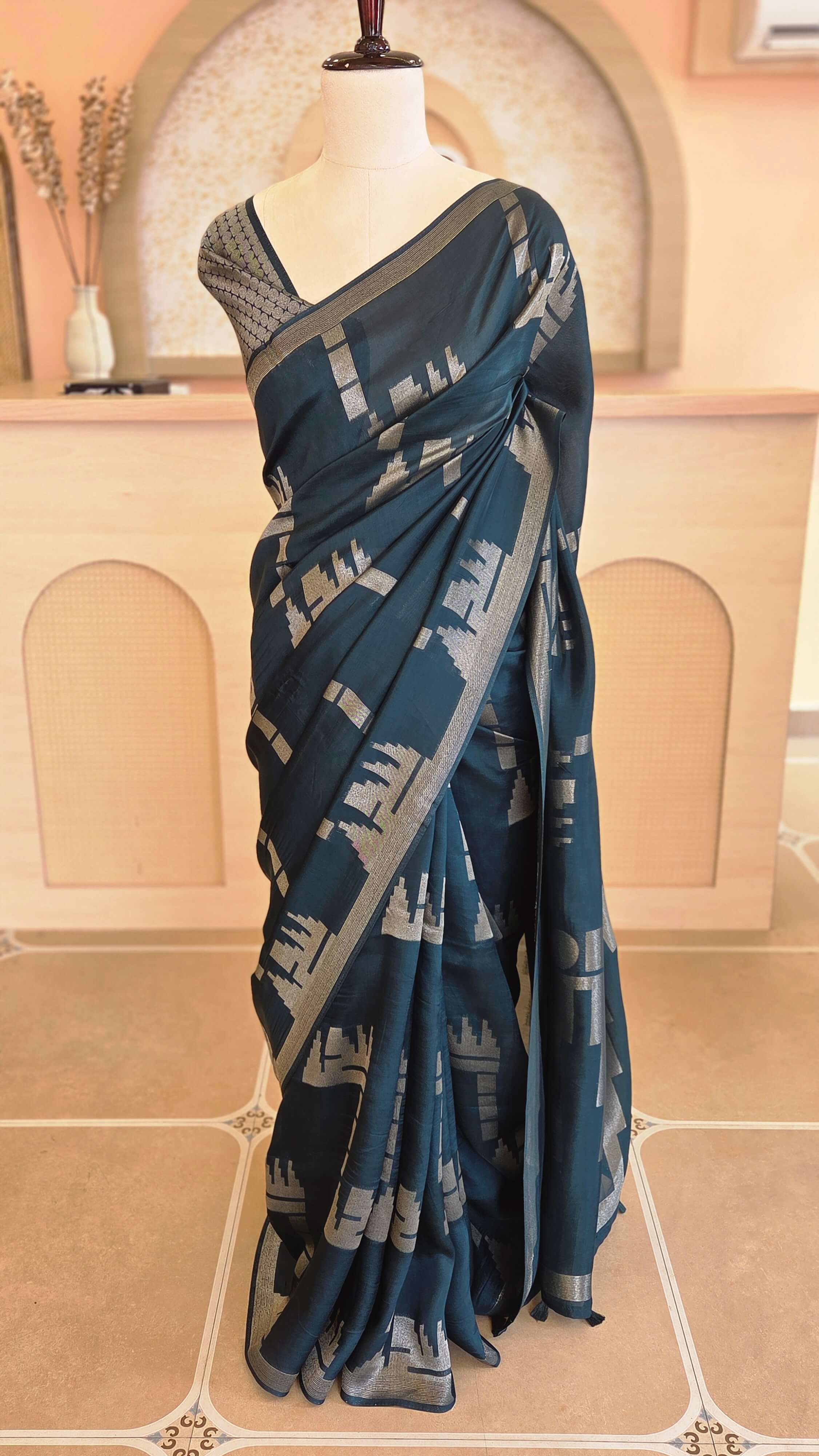 Royal Teal Geometric Kosa Silk Saree