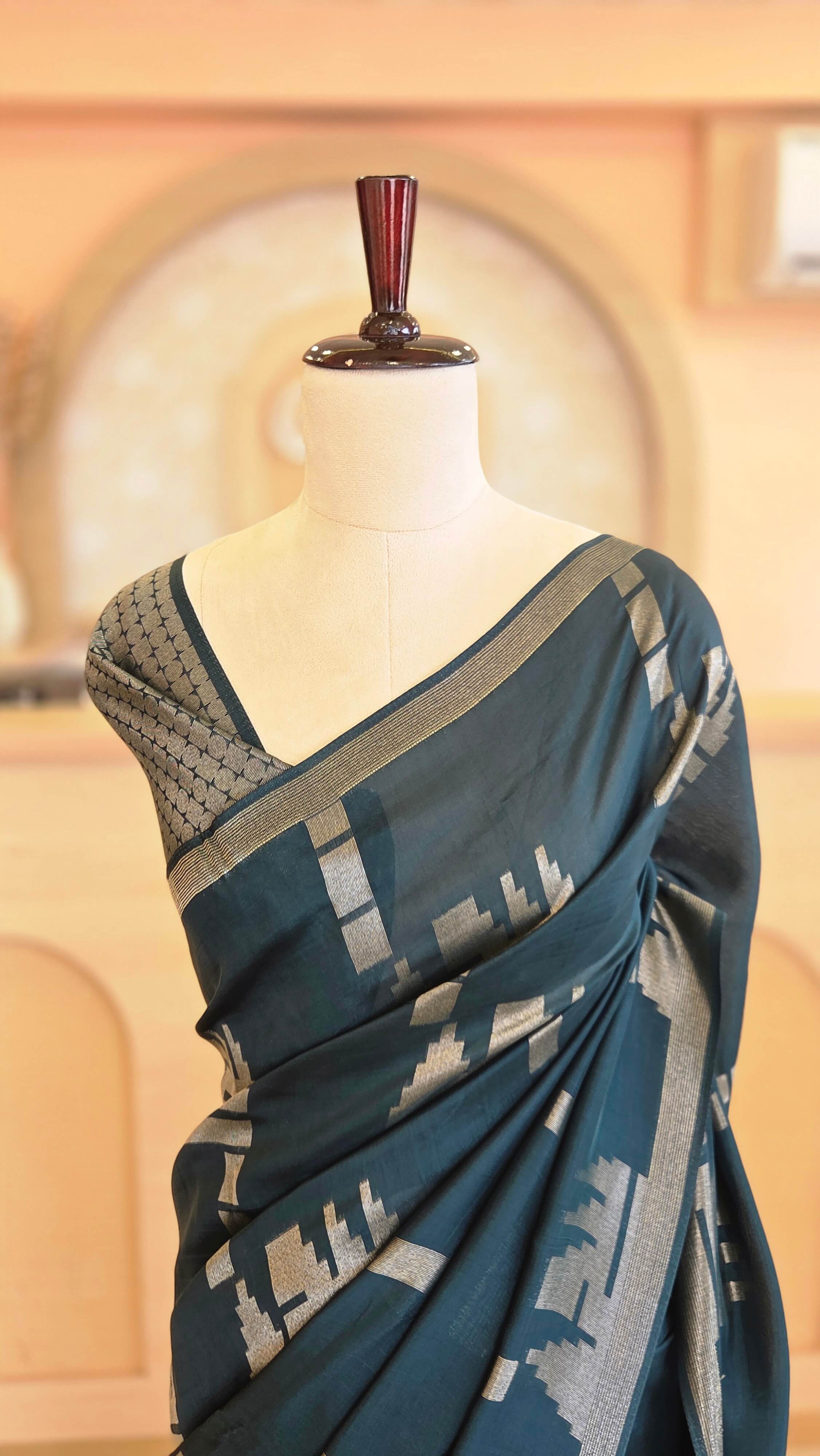 Royal Teal Geometric Kosa Silk Saree