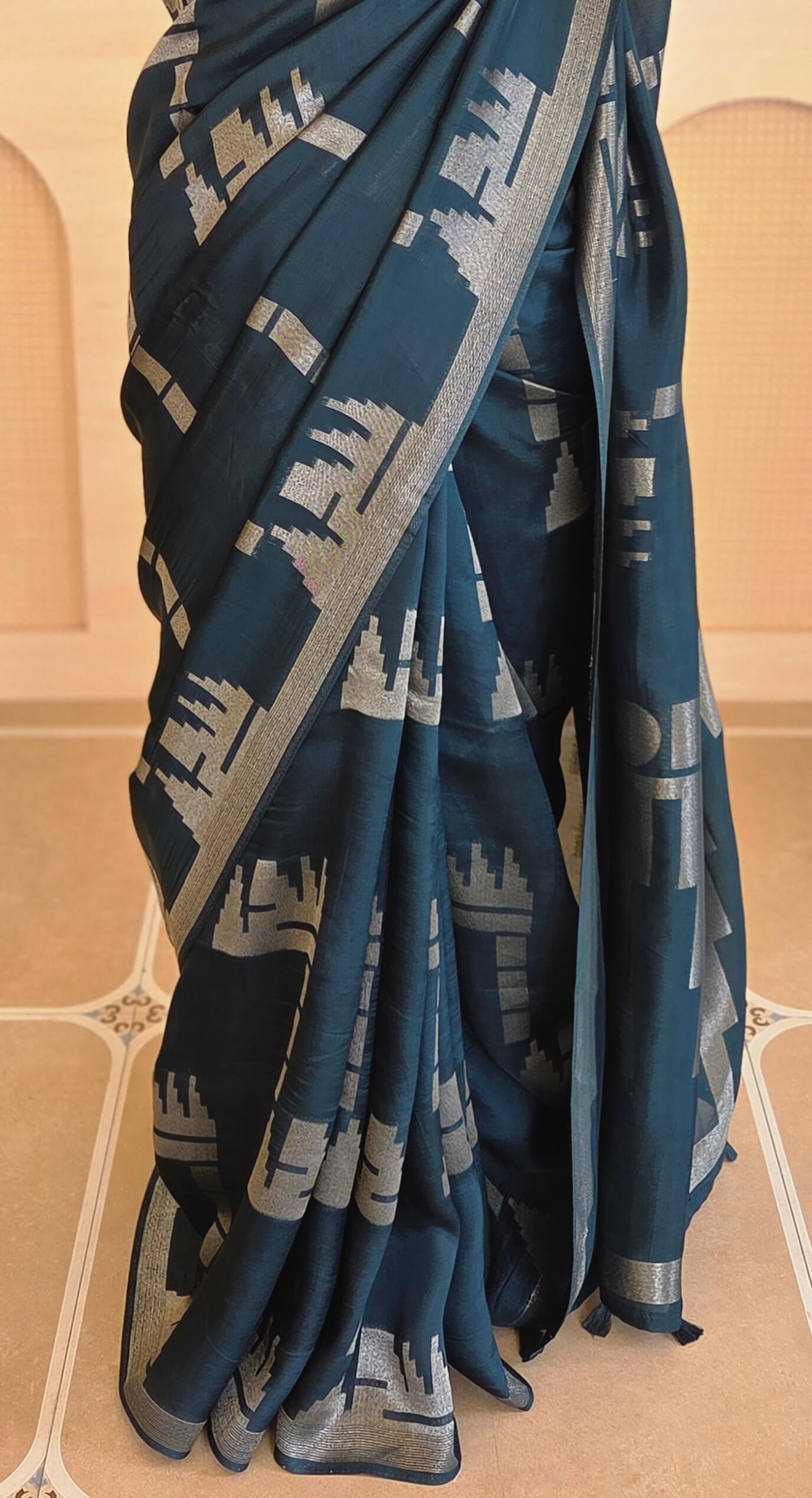 Royal Teal Geometric Kosa Silk Saree