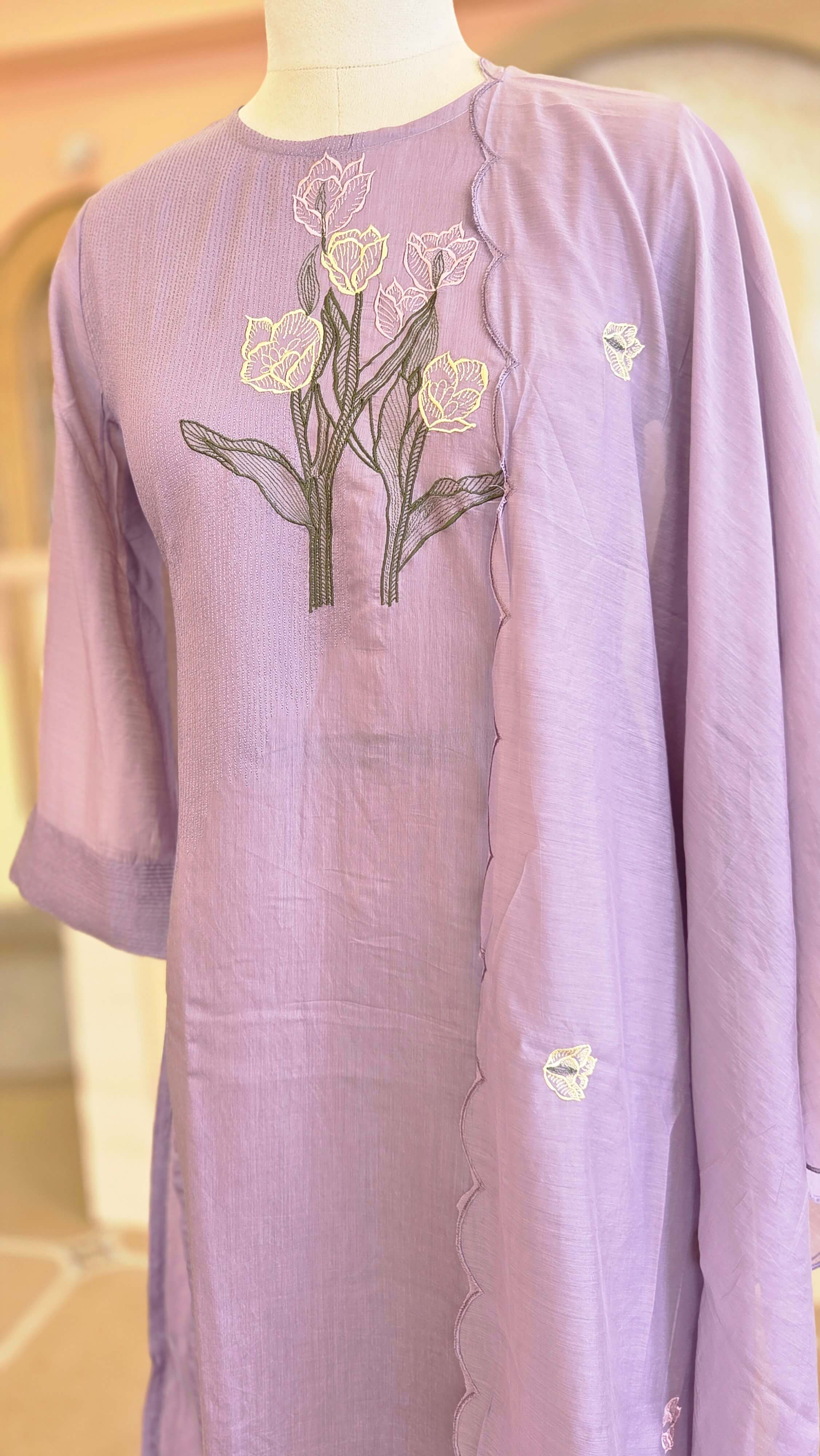 Elegant Lavender Chanderi Suit Set