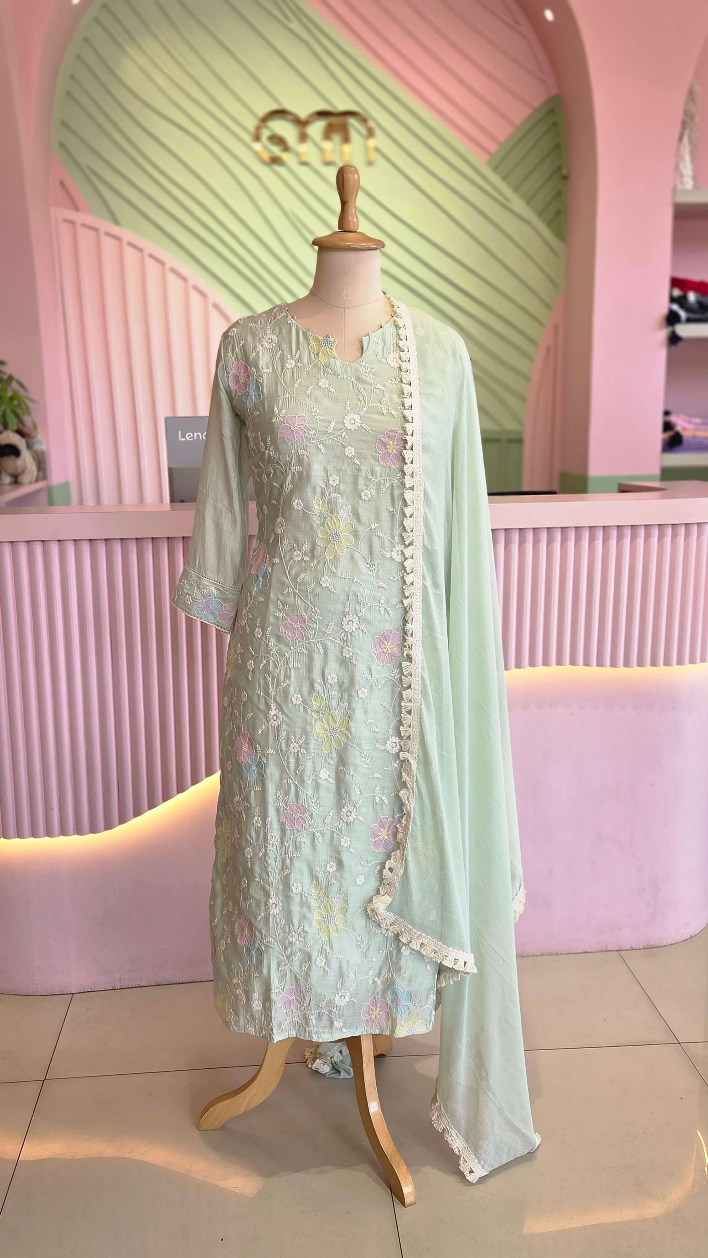 Elegant Mint Green Chanderi Embroidered Salwar Set