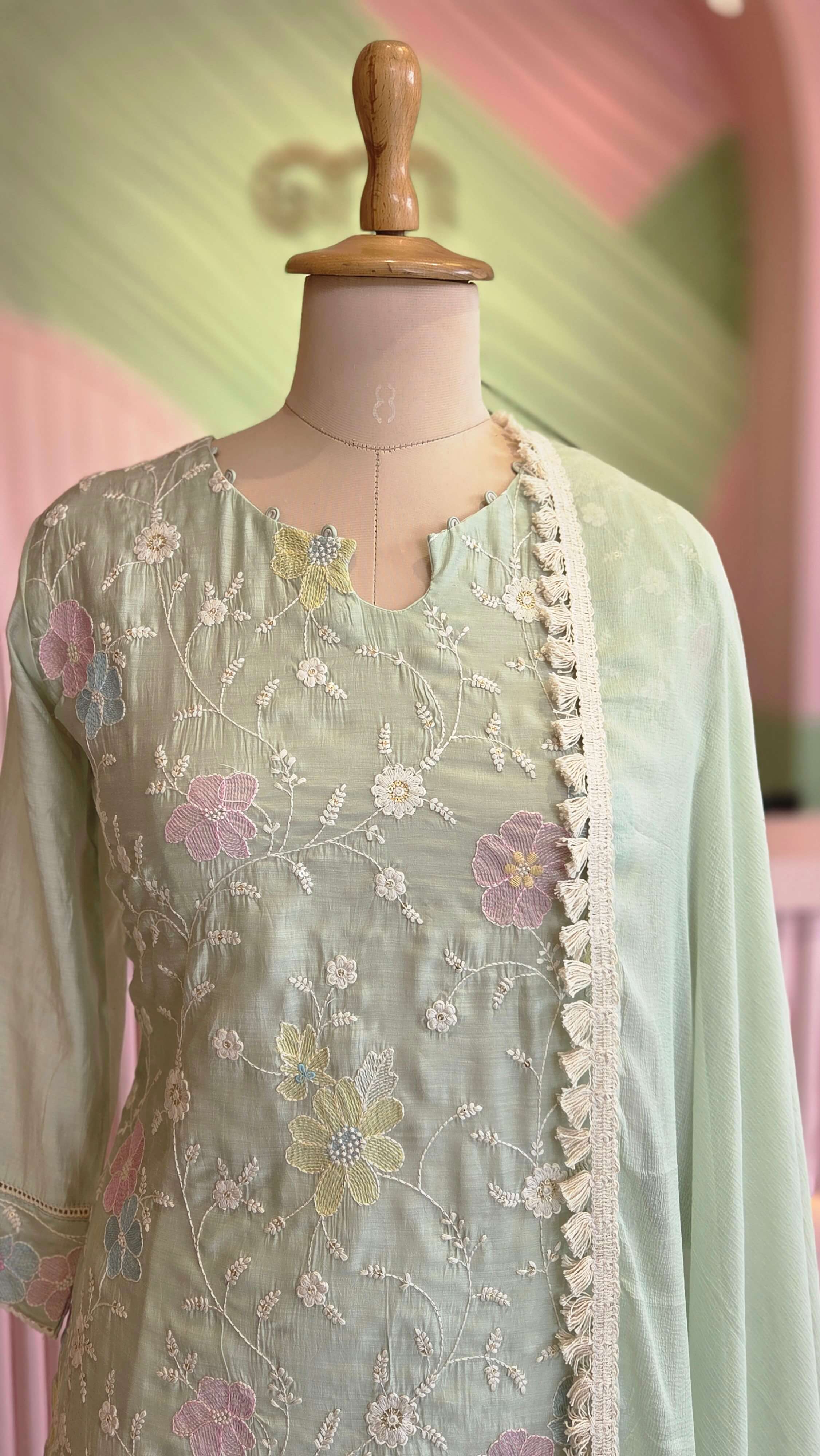 Elegant Mint Green Chanderi Embroidered Salwar Set