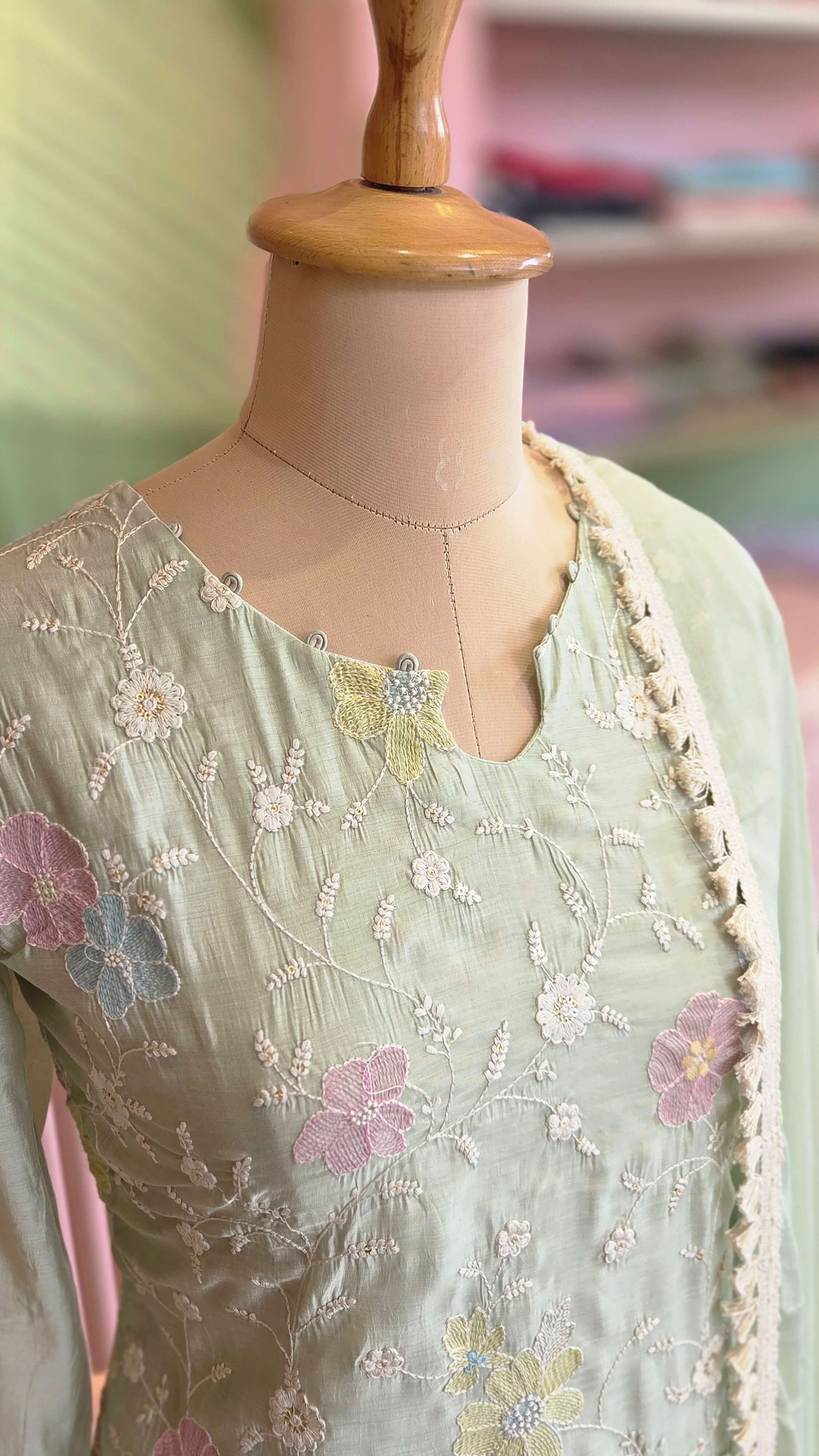 Elegant Mint Green Chanderi Embroidered Salwar Set