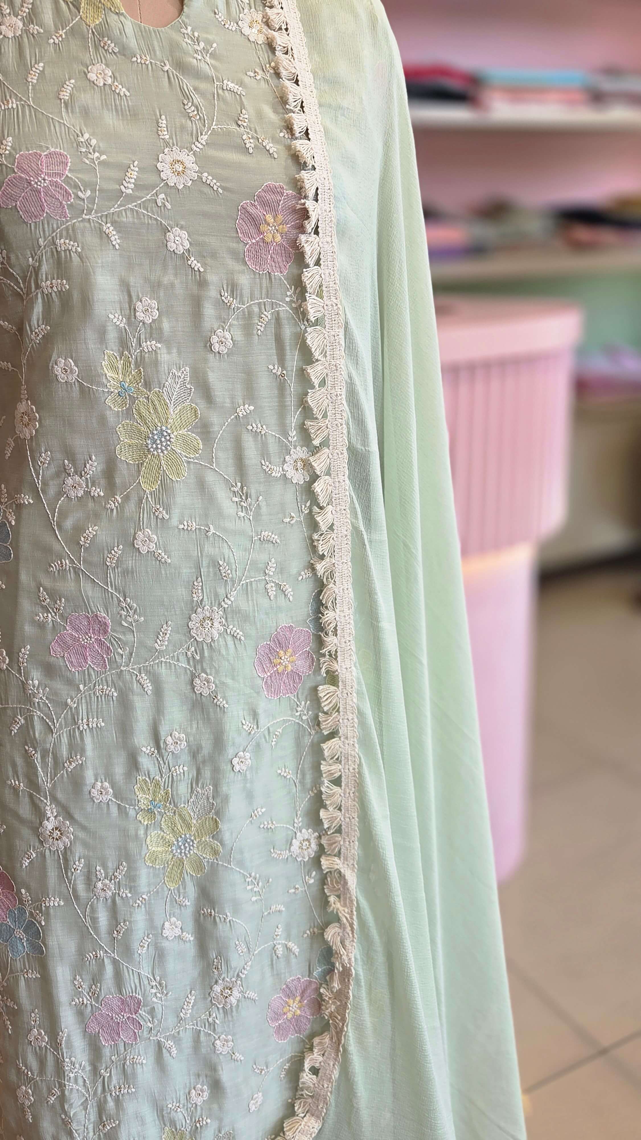 Elegant Mint Green Chanderi Embroidered Salwar Set