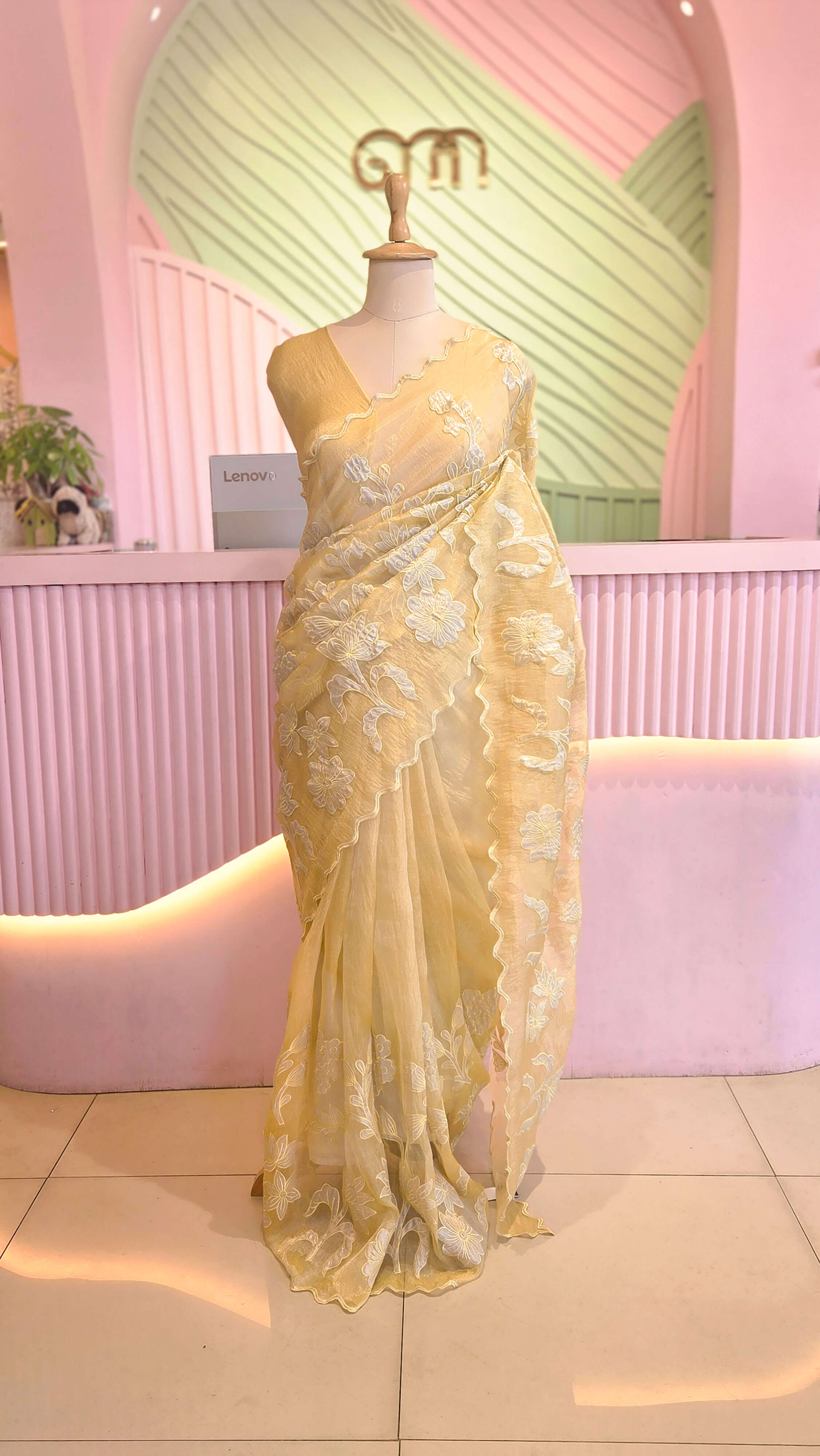 Elegant Pastel Yellow Floral Organza Saree Set