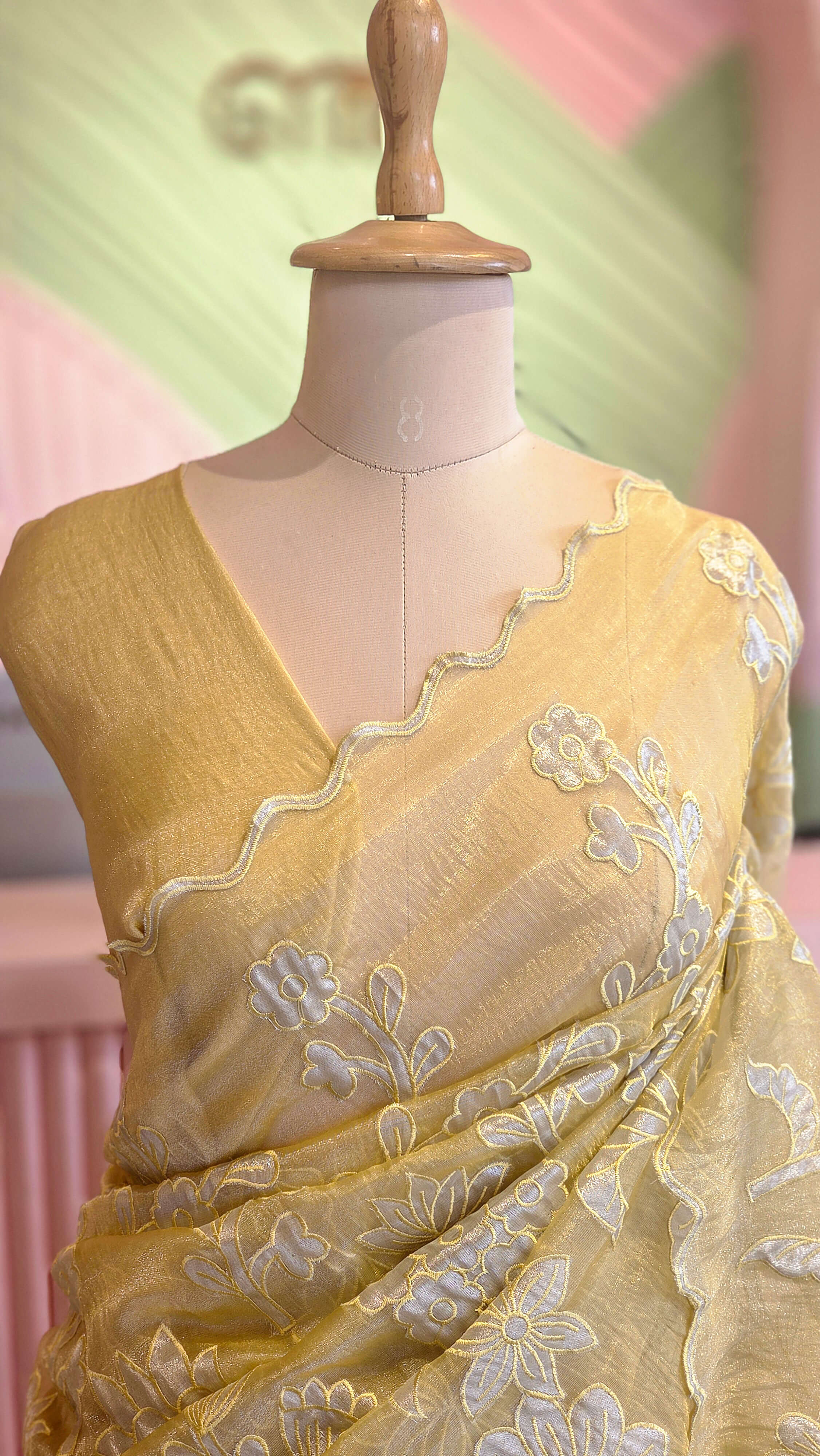 Elegant Pastel Yellow Floral Organza Saree Set