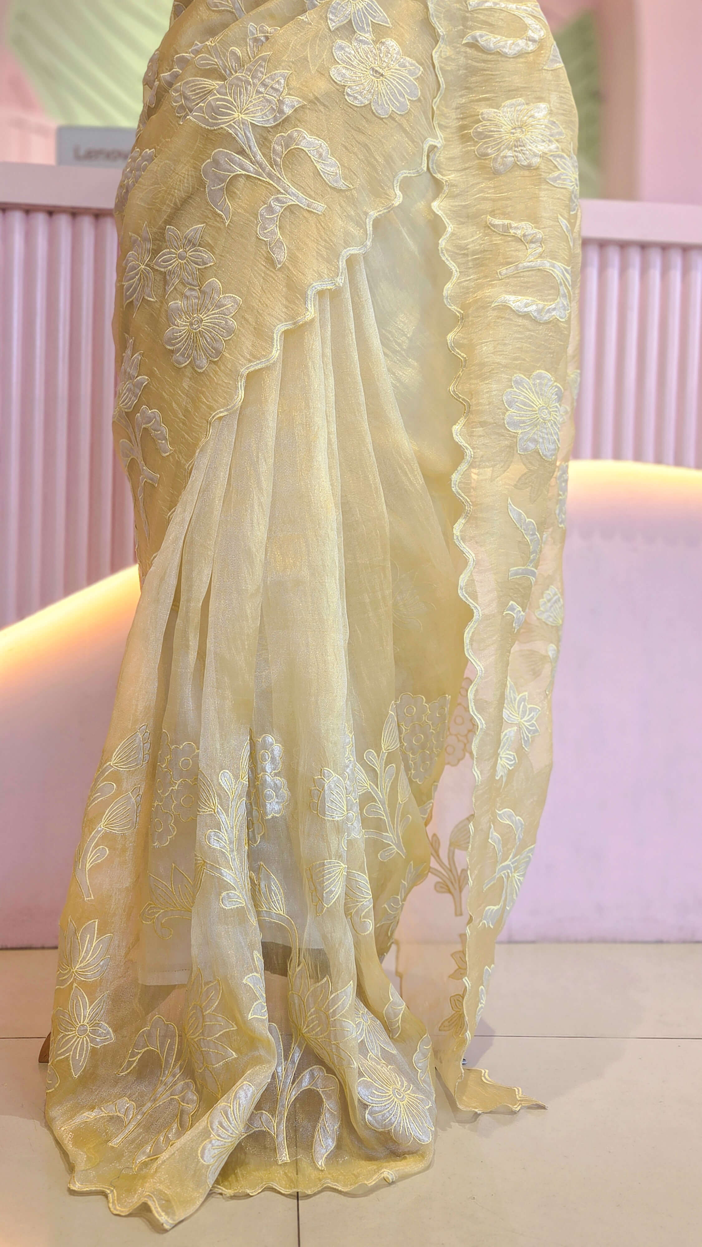 Elegant Pastel Yellow Floral Organza Saree Set