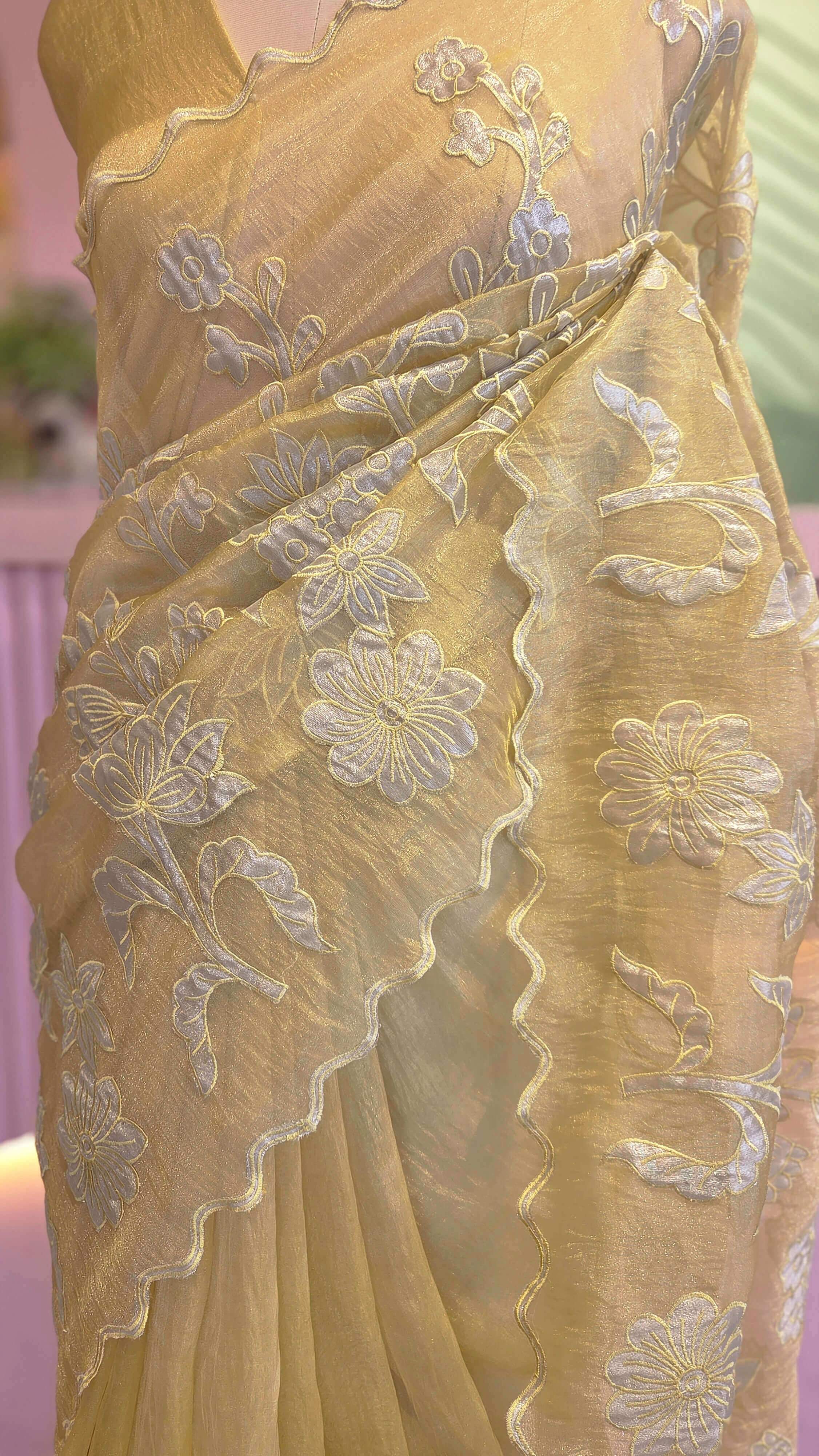 Elegant Pastel Yellow Floral Organza Saree Set
