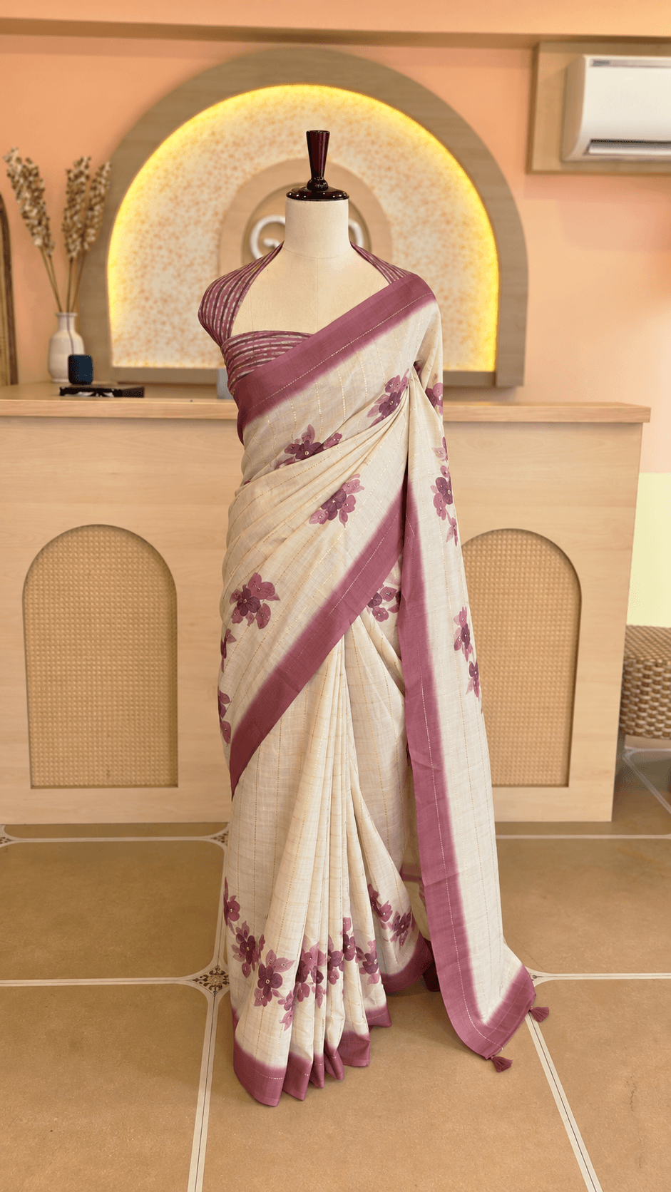 Elegant Cream & Plum Semi Tussar Saree