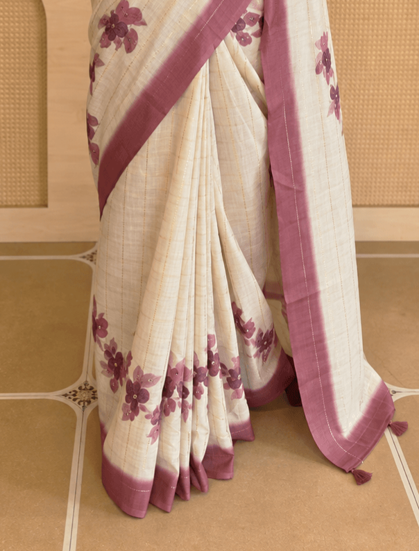 Elegant Cream & Plum Semi Tussar Saree