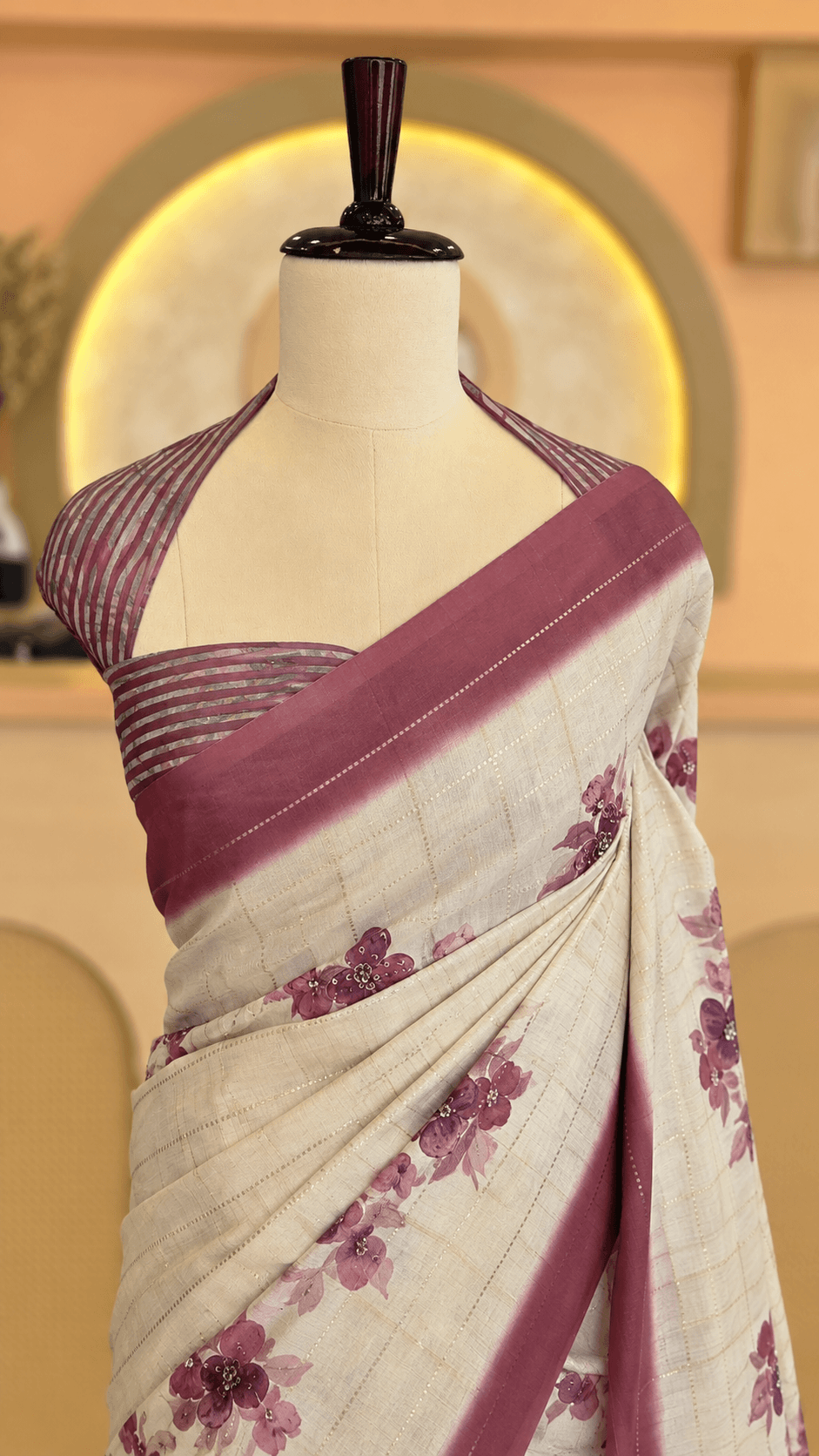 Elegant Cream & Plum Semi Tussar Saree
