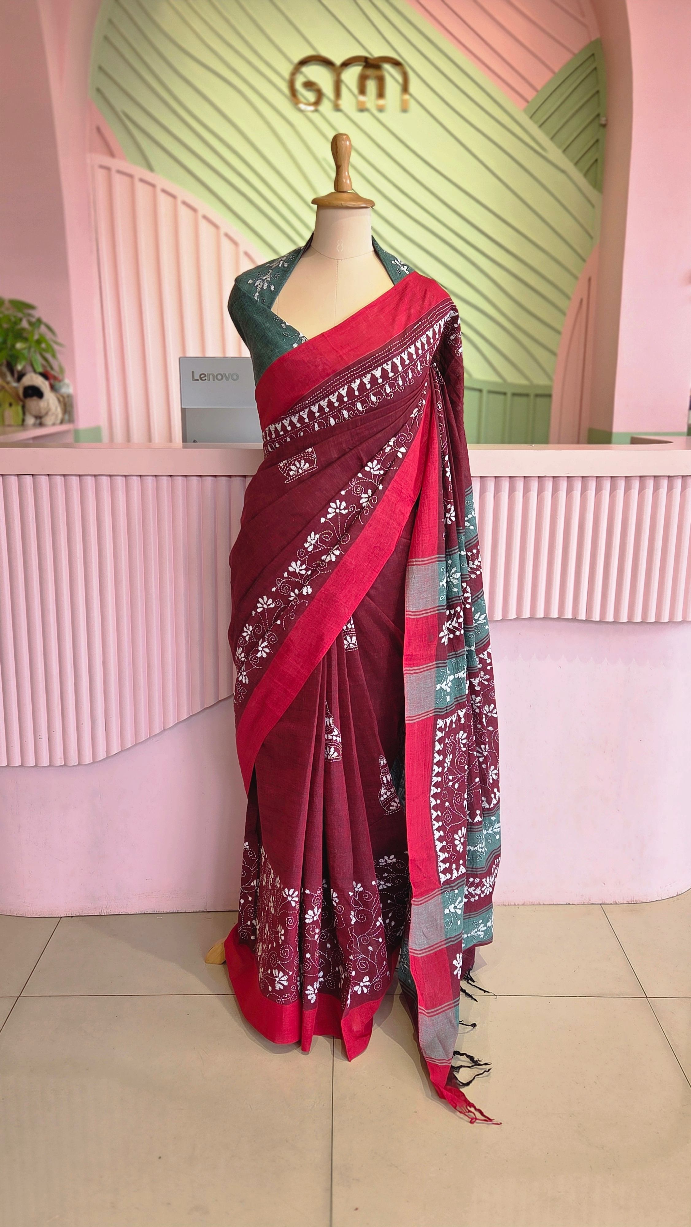 Crimson Bloom Handloom Cotton Saree