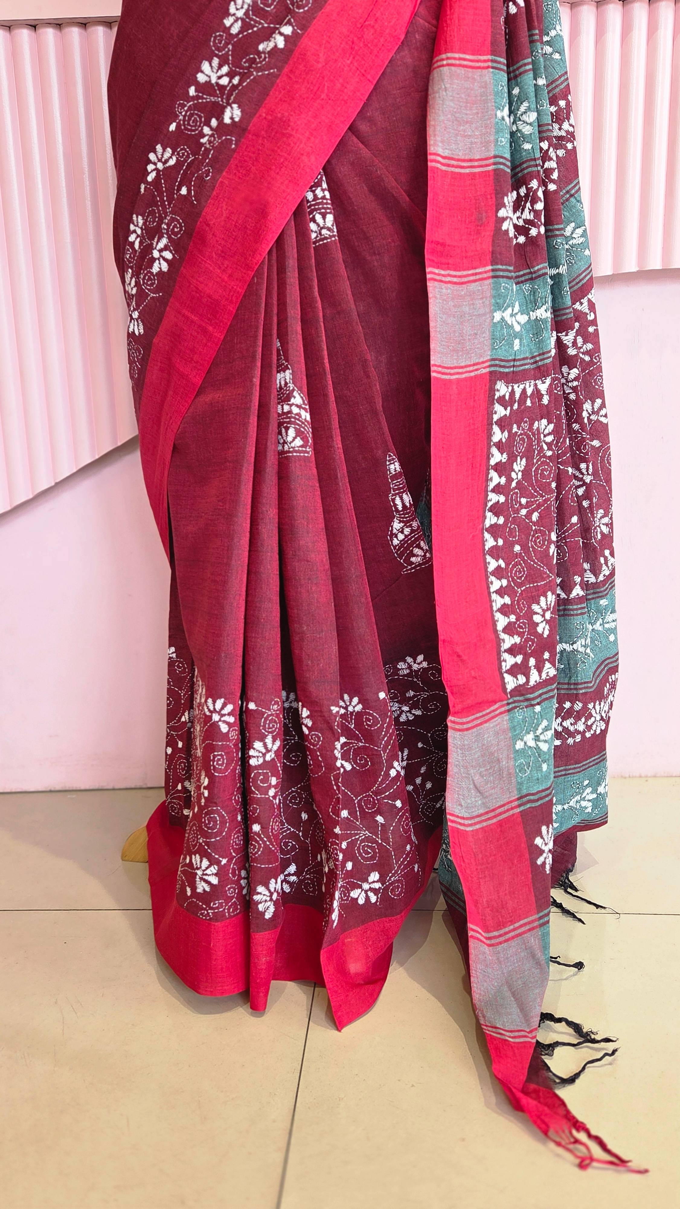 Crimson Bloom Handloom Cotton Saree
