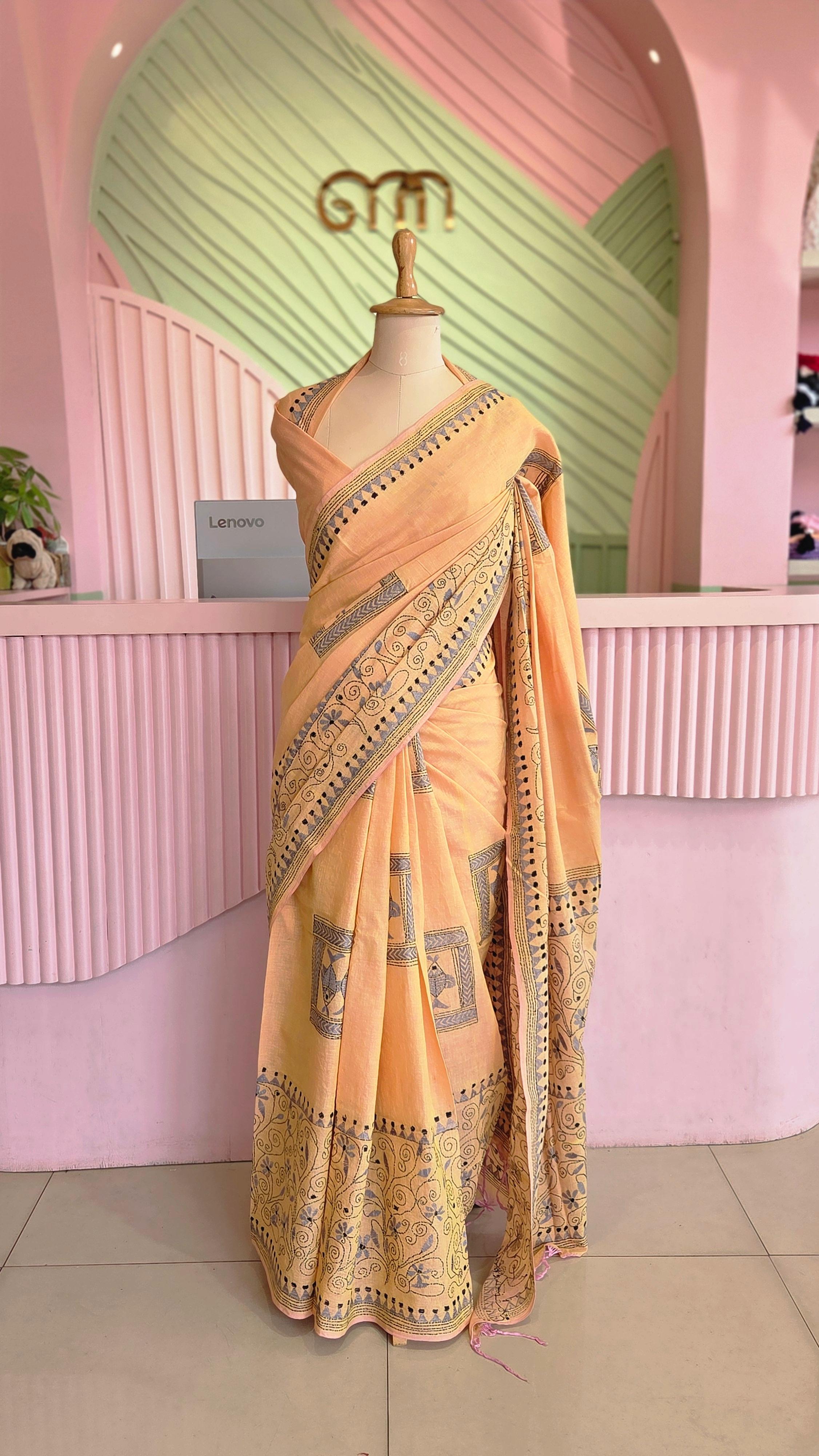 Elegant Dual-Tone Orange-Yellow Handloom Cotton Saree