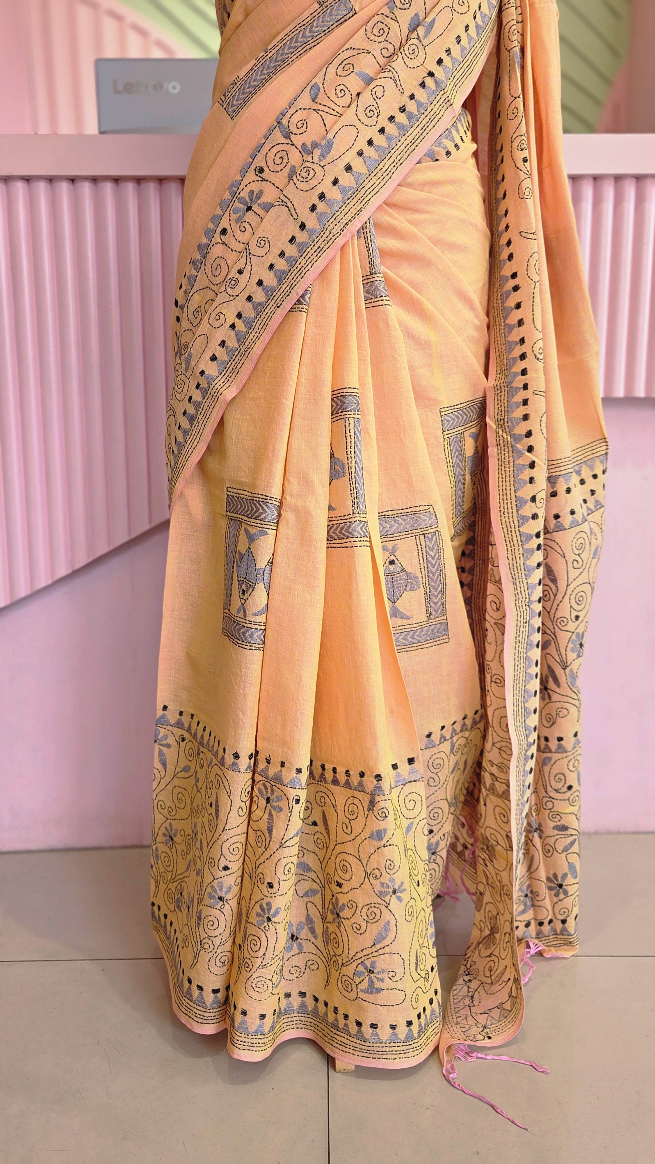 Elegant Dual-Tone Orange-Yellow Handloom Cotton Saree