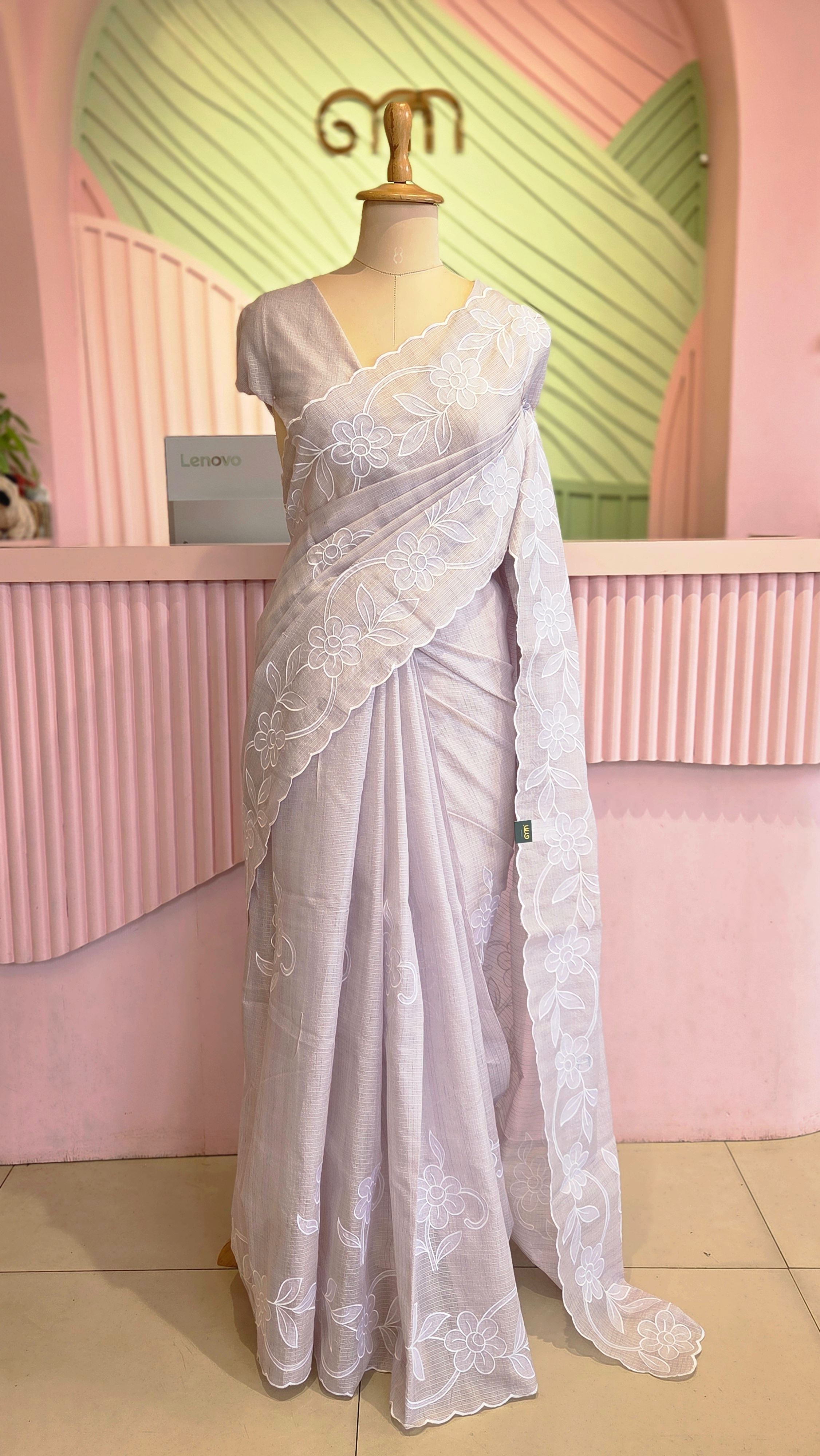 Lilac Elegance Cutwork Kota Saree