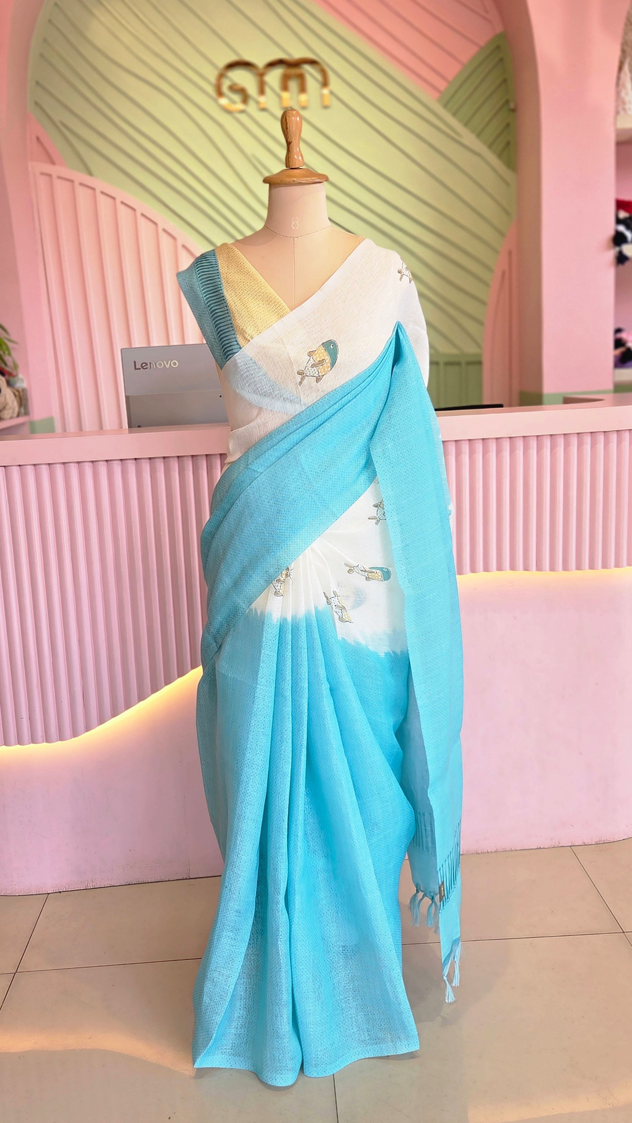 Aqua Serenity Printed Linen Saree