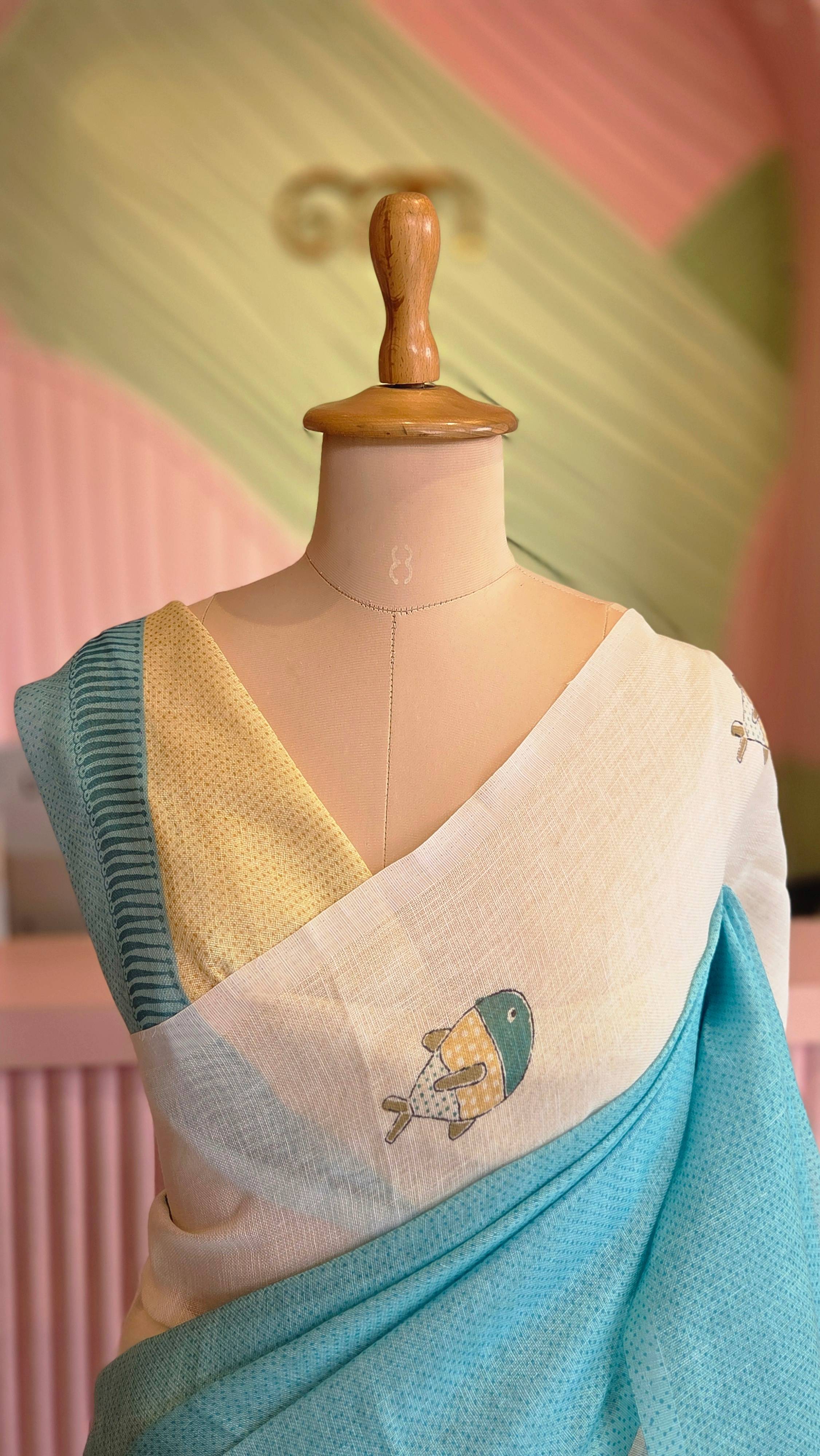 Aqua Serenity Printed Linen Saree
