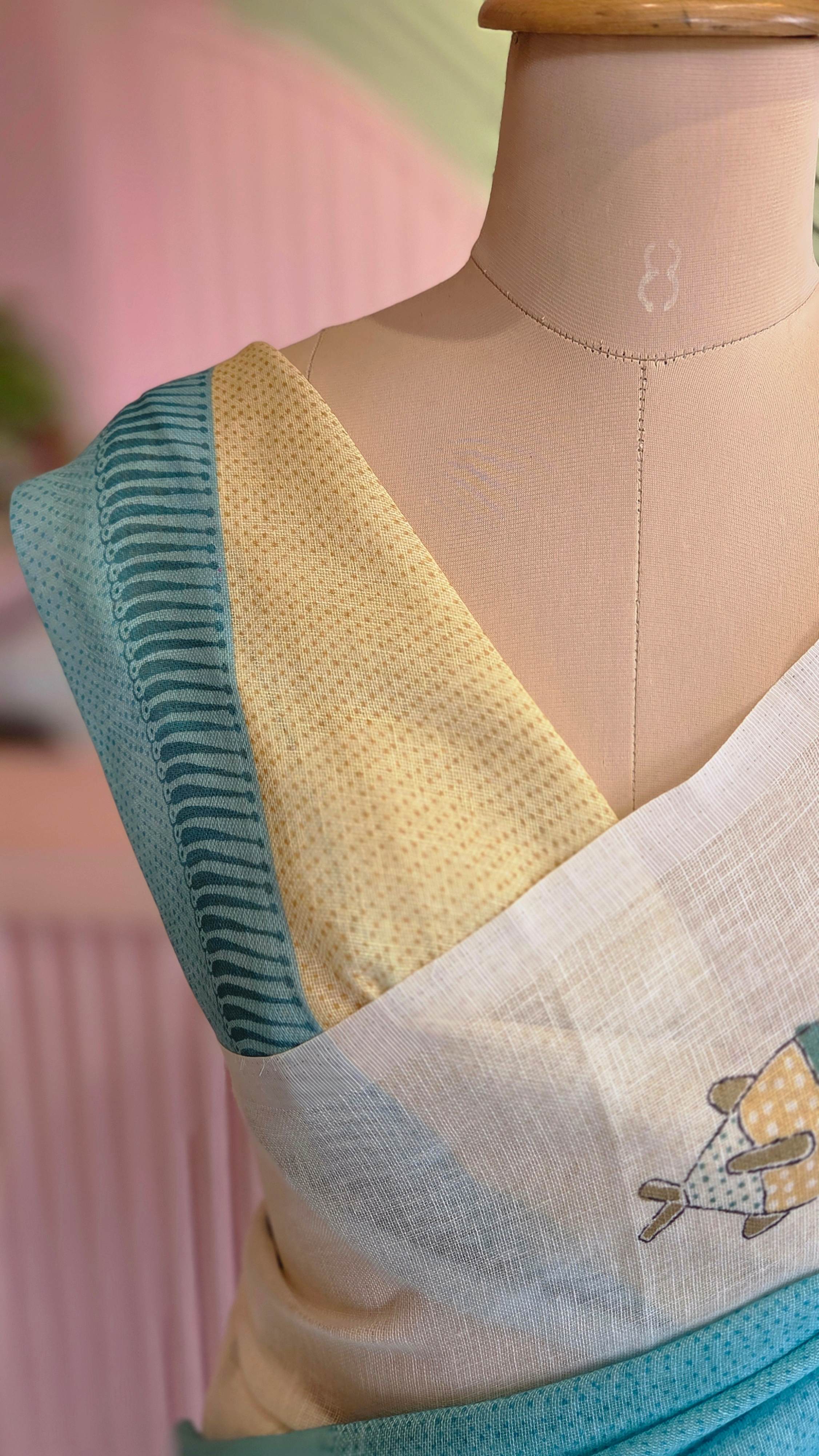 Aqua Serenity Printed Linen Saree