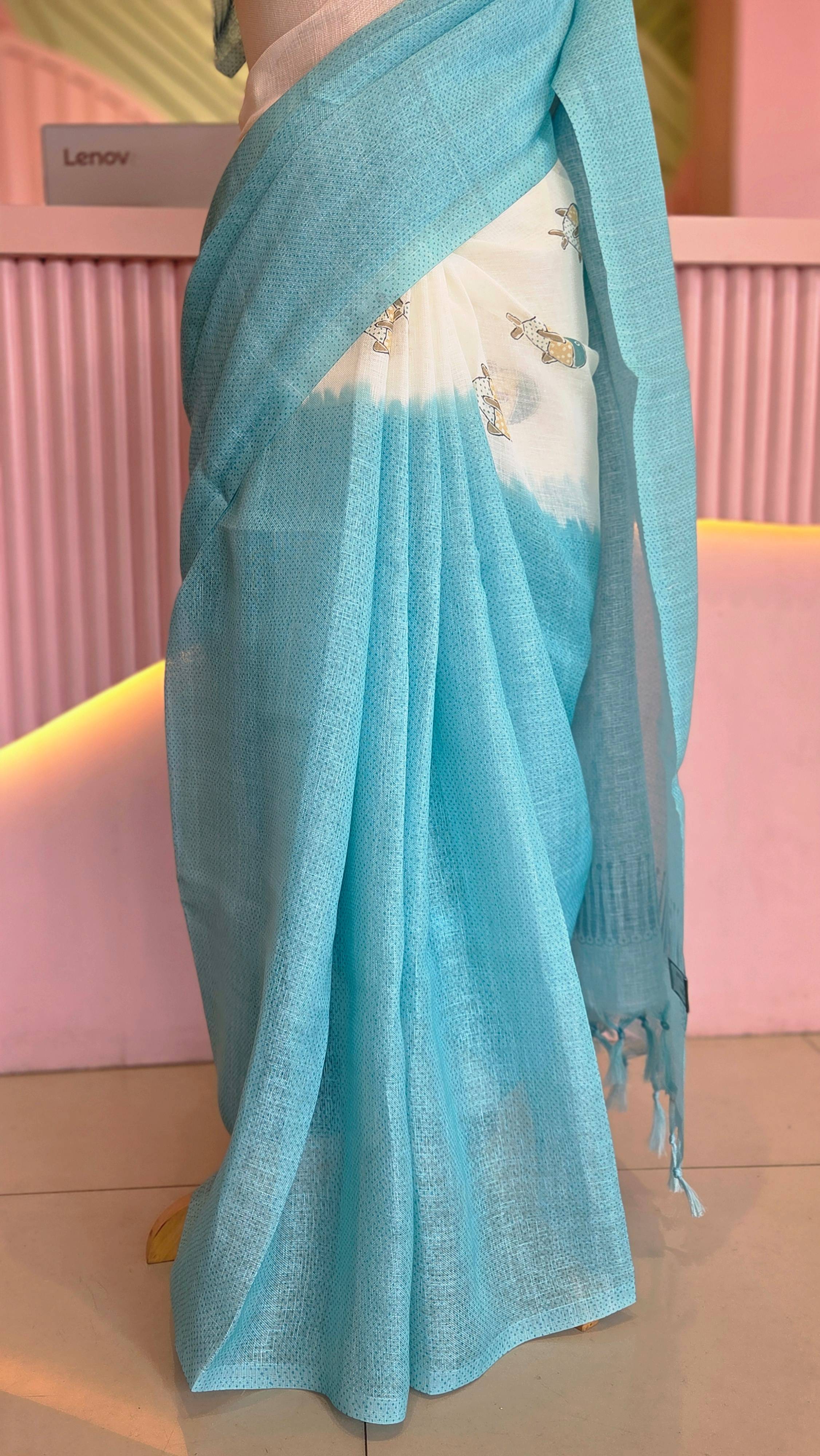 Aqua Serenity Printed Linen Saree