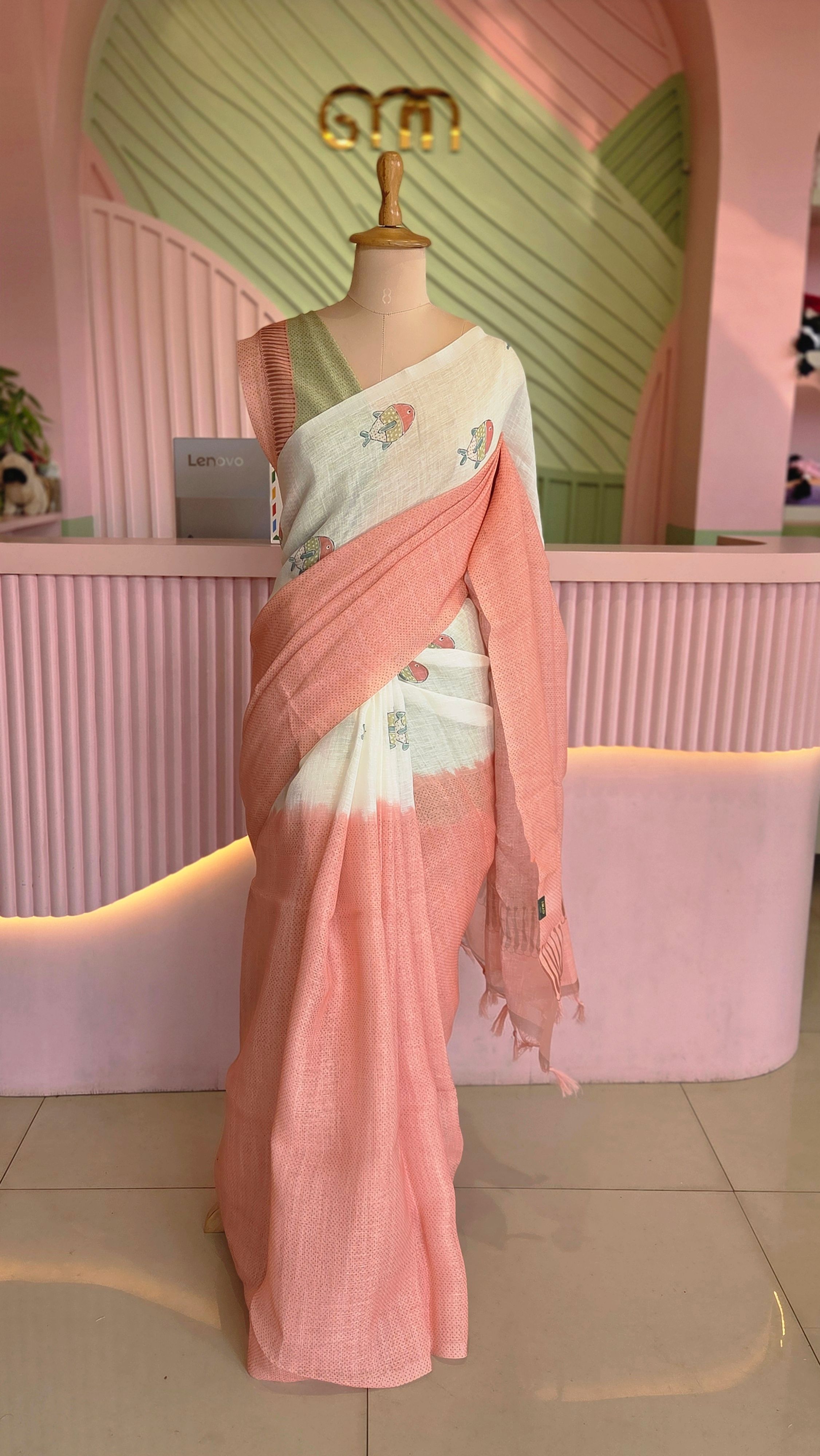 Aqua printed Linen Saree