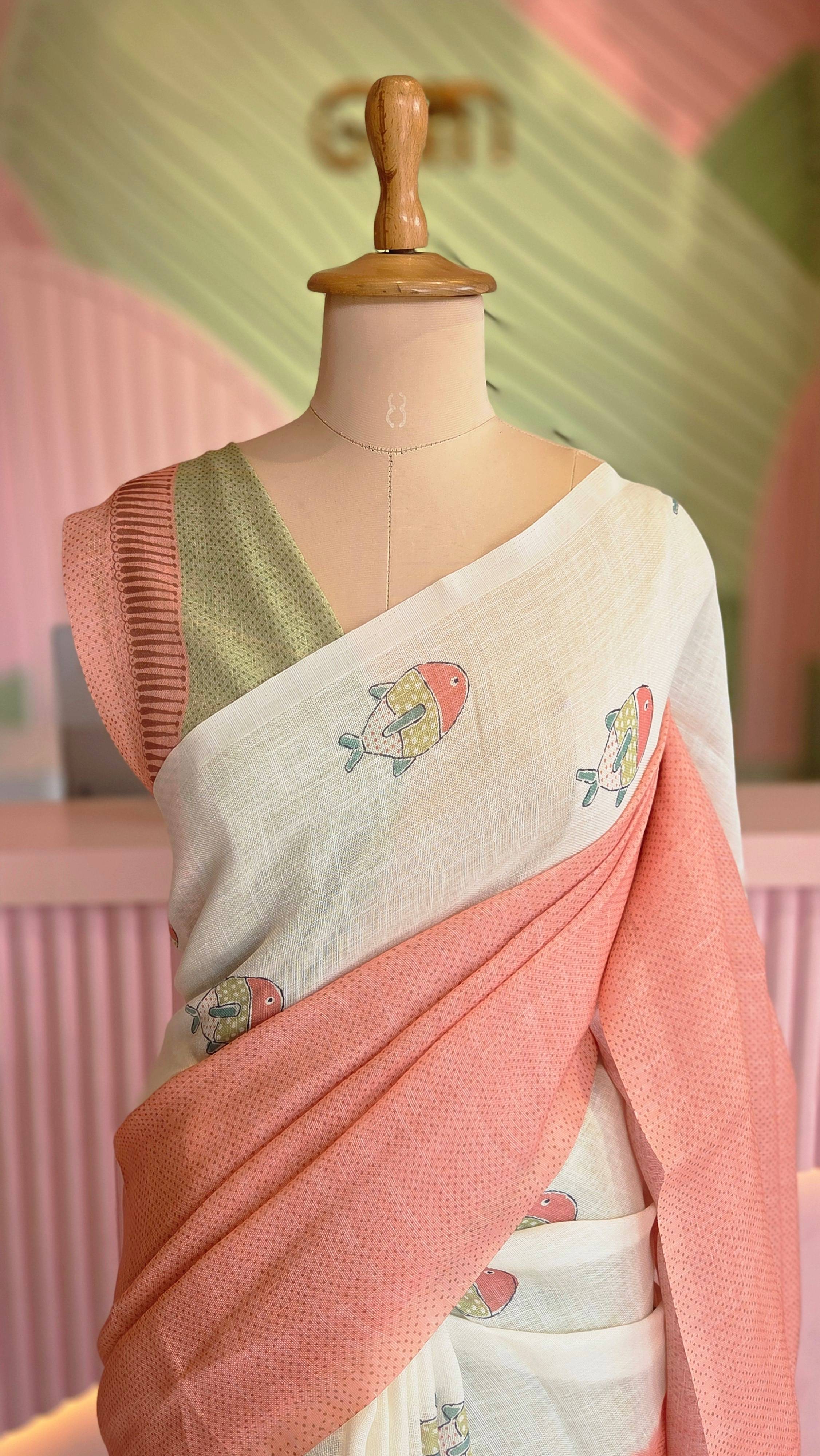 Aqua printed Linen Saree