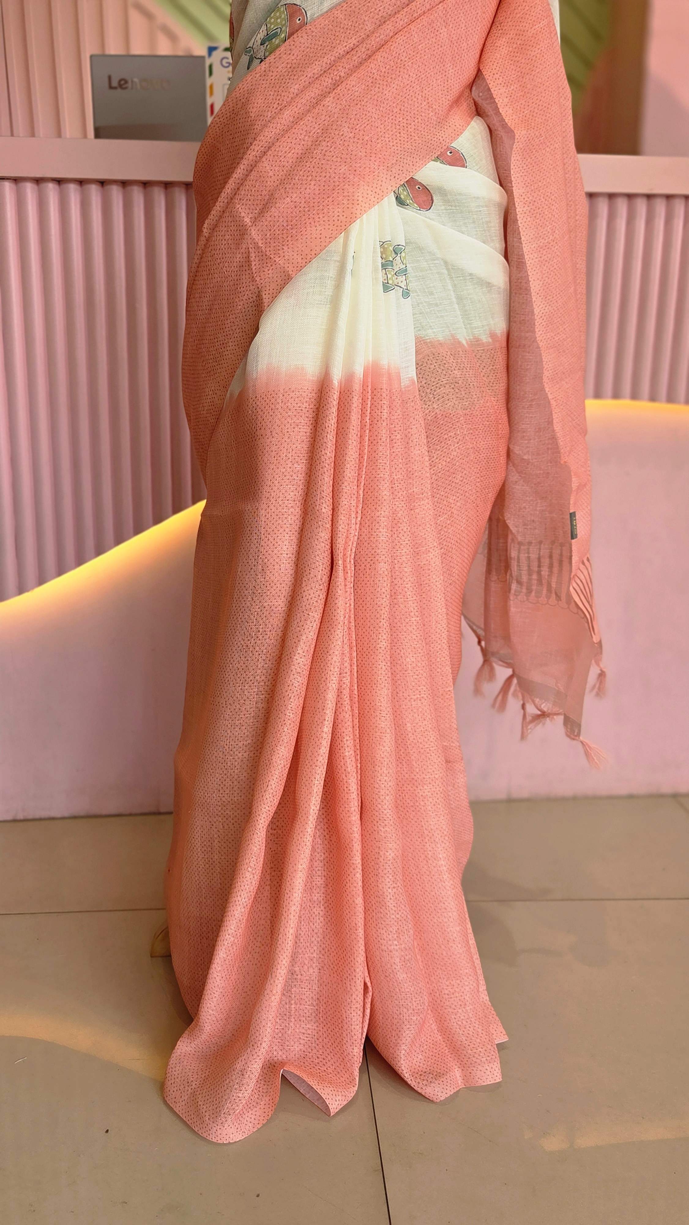 Aqua printed Linen Saree