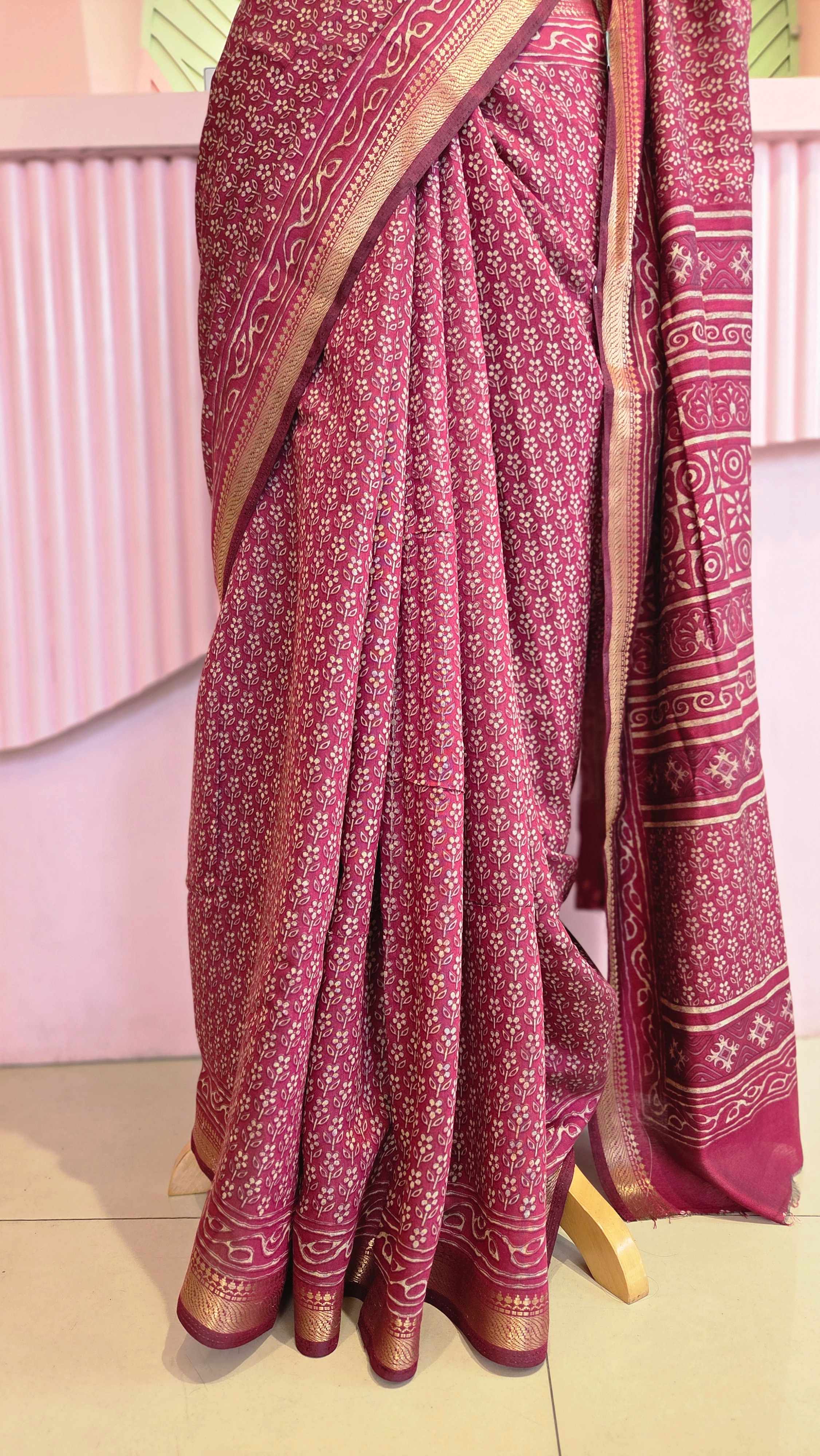 Magenta Chanderi Cotton Printed Saree