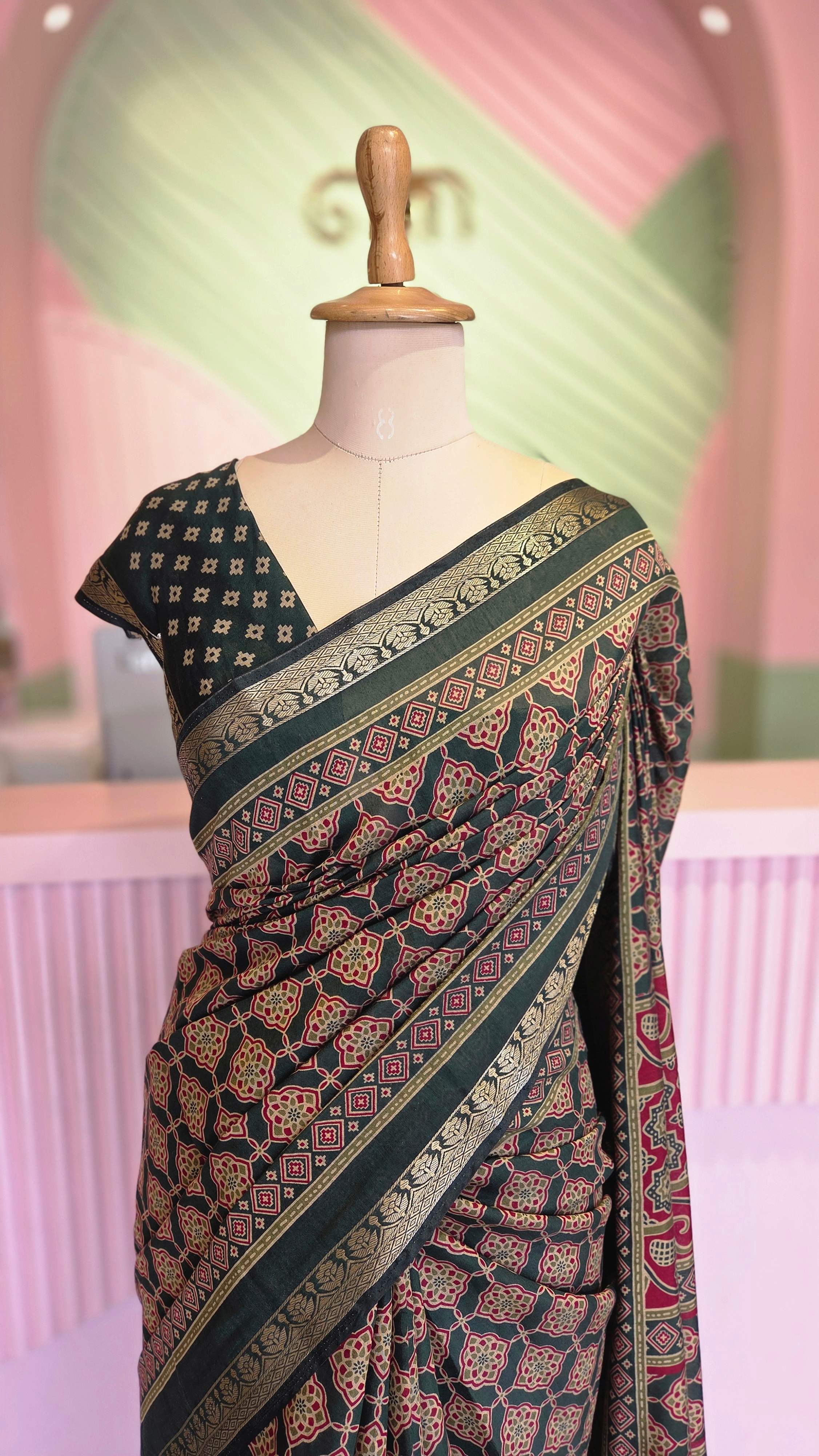 Deep Crimson - Bottle Green Chanderi Cotton Saree