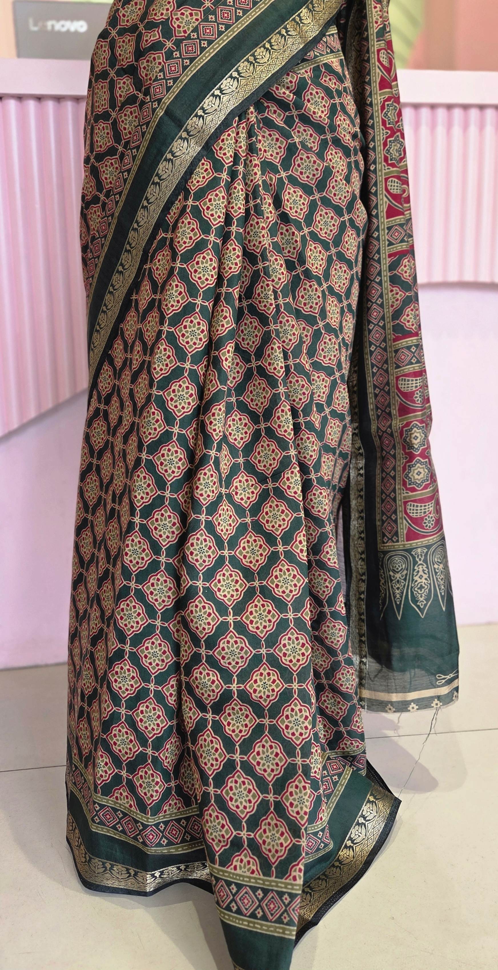 Deep Crimson - Bottle Green Chanderi Cotton Saree