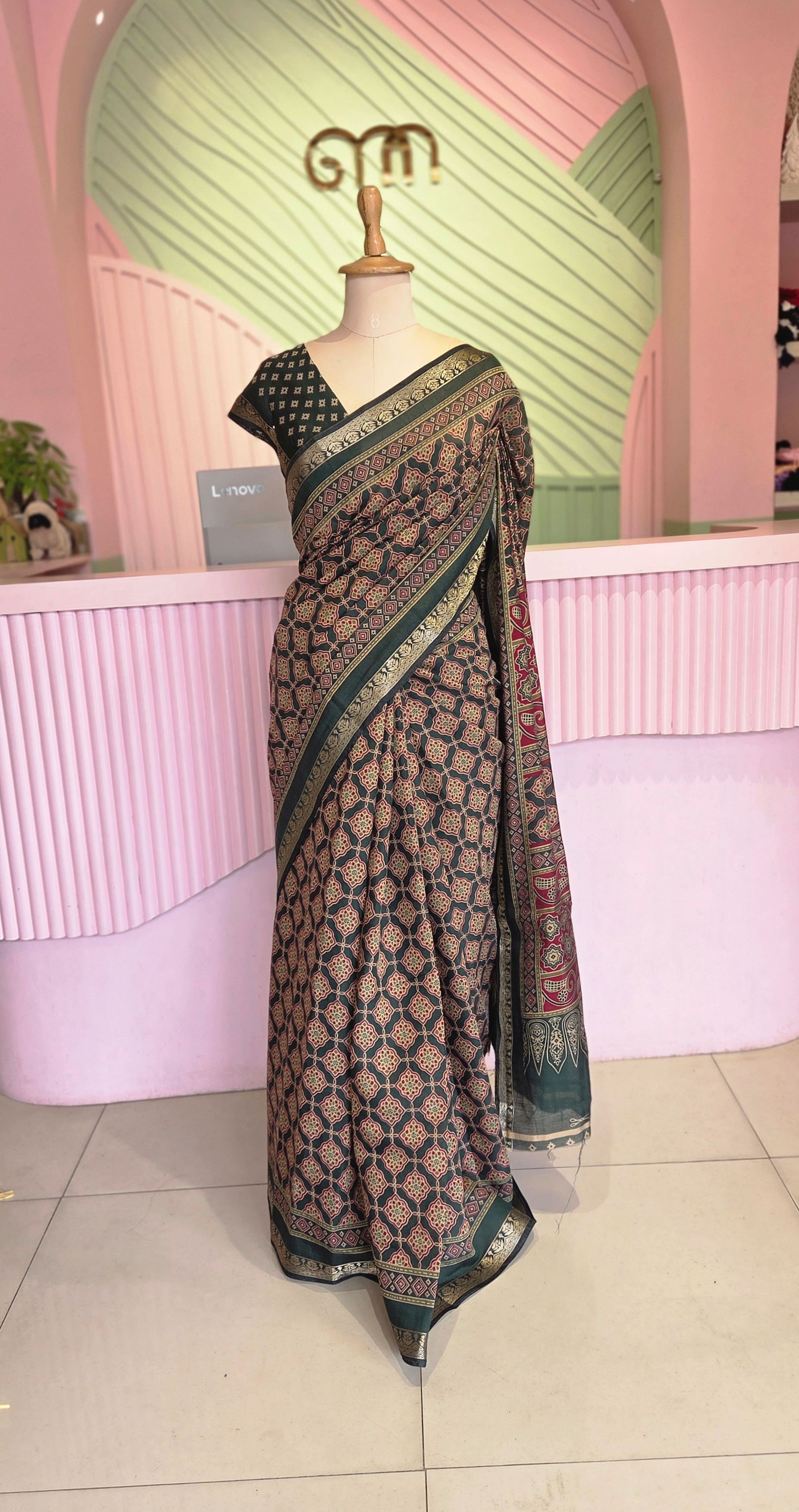 Deep Crimson - Bottle Green Chanderi Cotton Saree