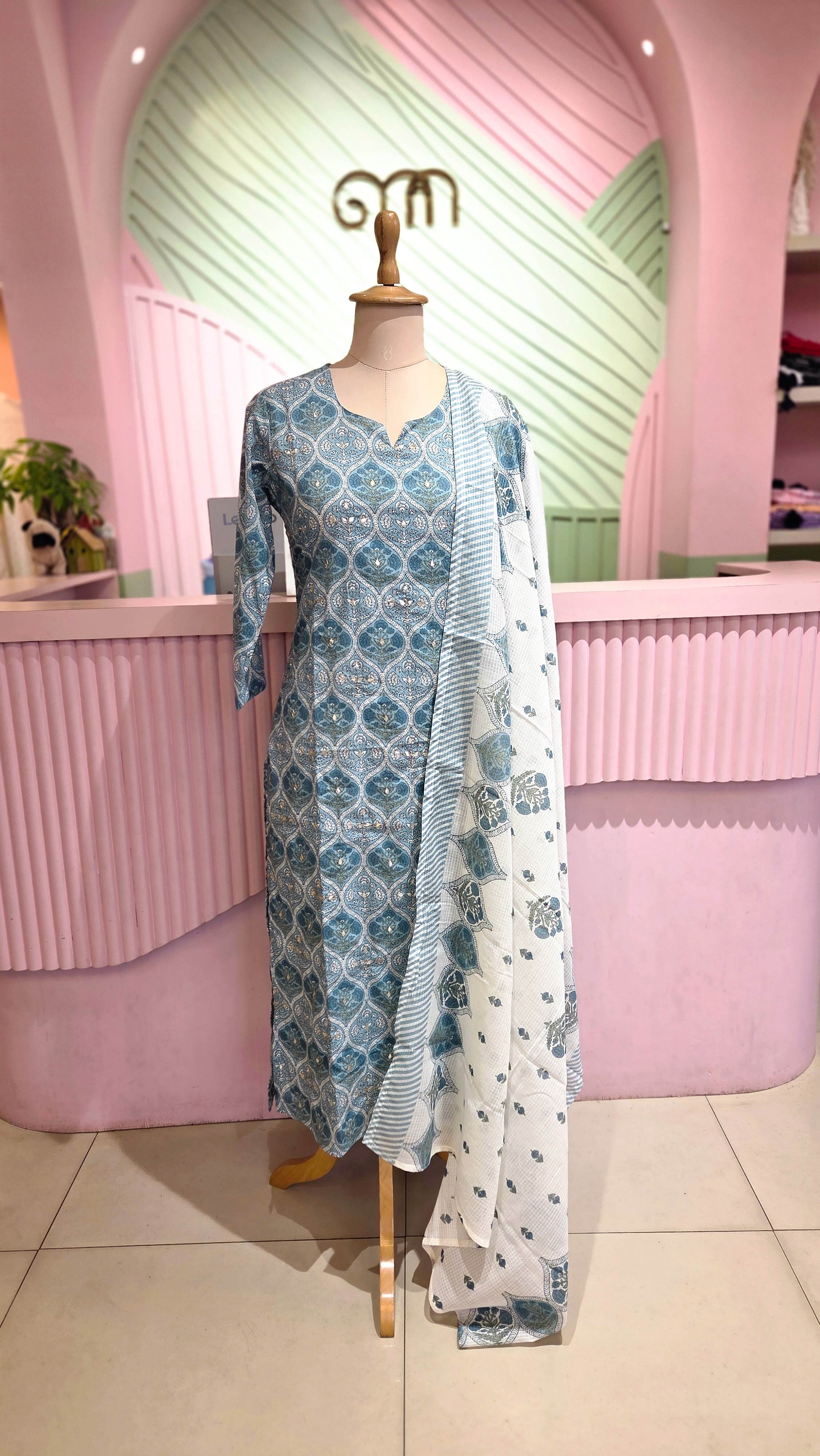 Elegant Blue & White Printed Cotton Salwar Set
