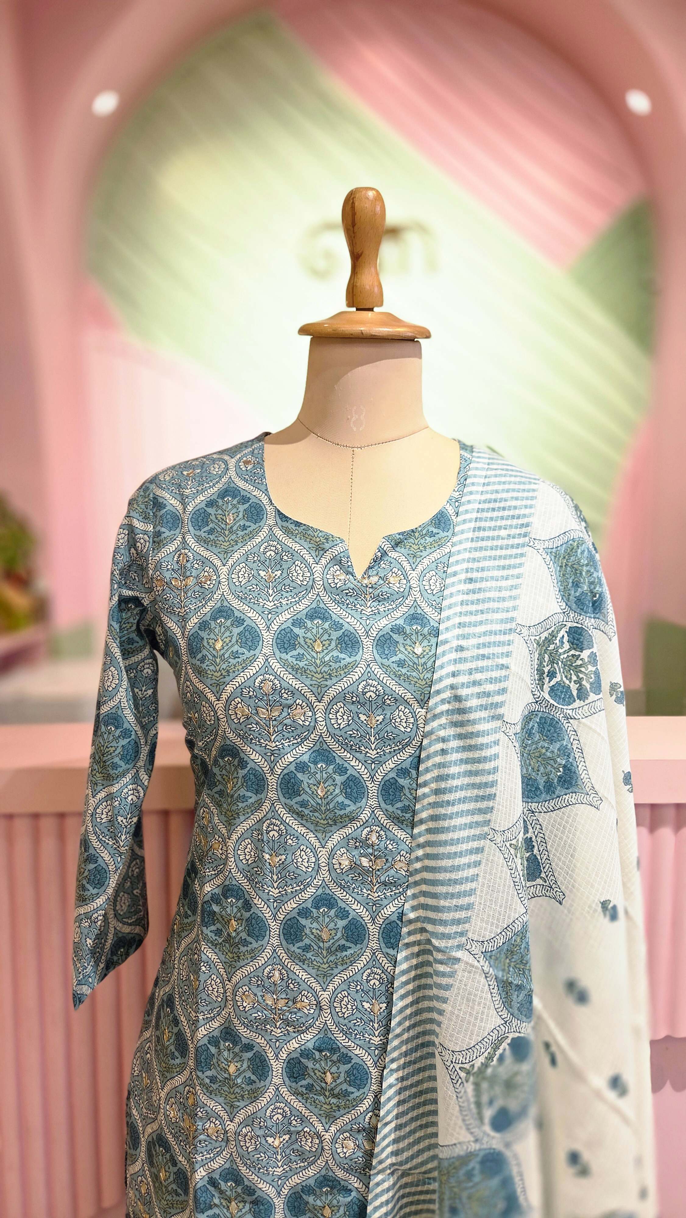 Elegant Blue & White Printed Cotton Salwar Set