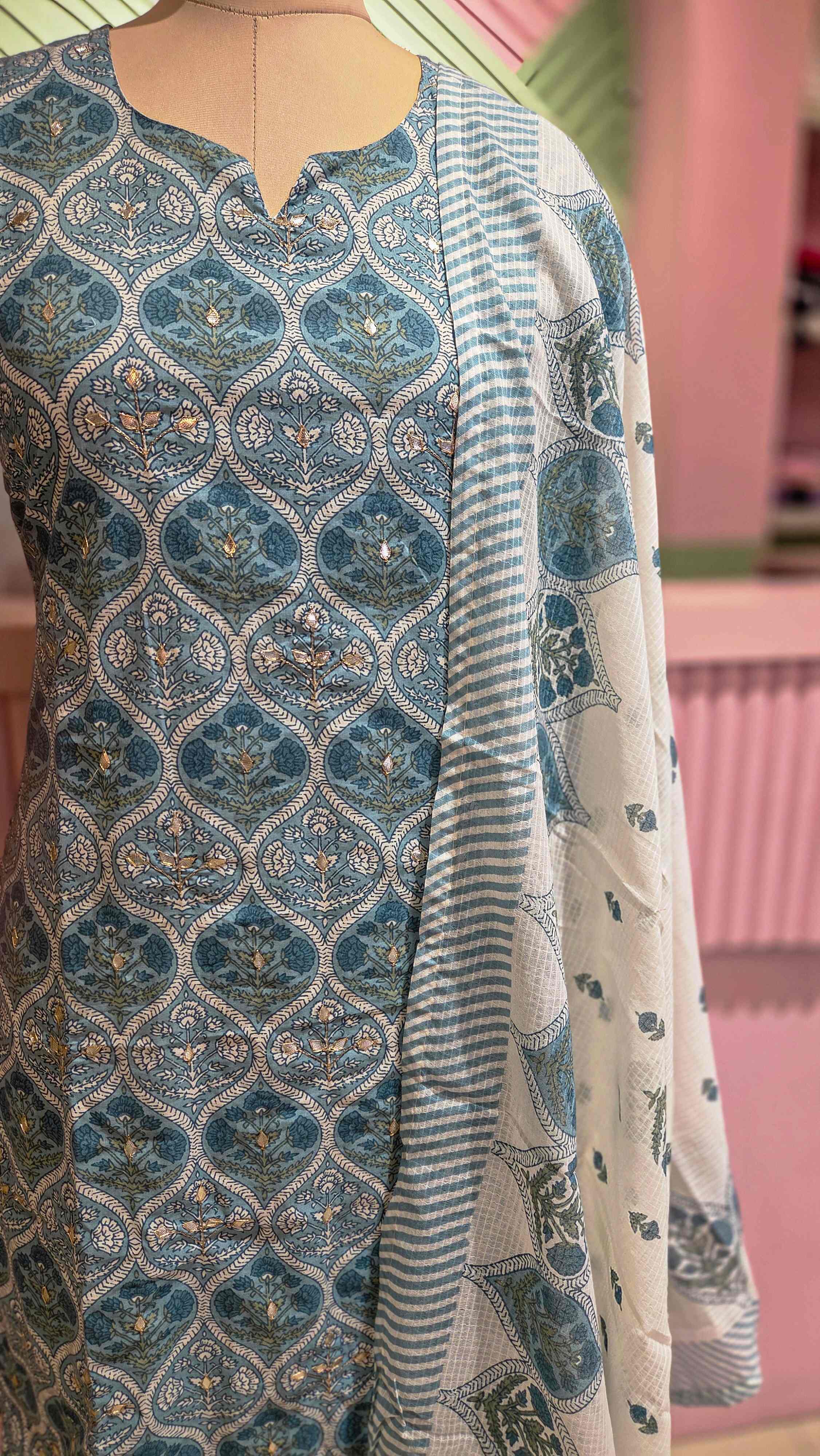 Elegant Blue & White Printed Cotton Salwar Set