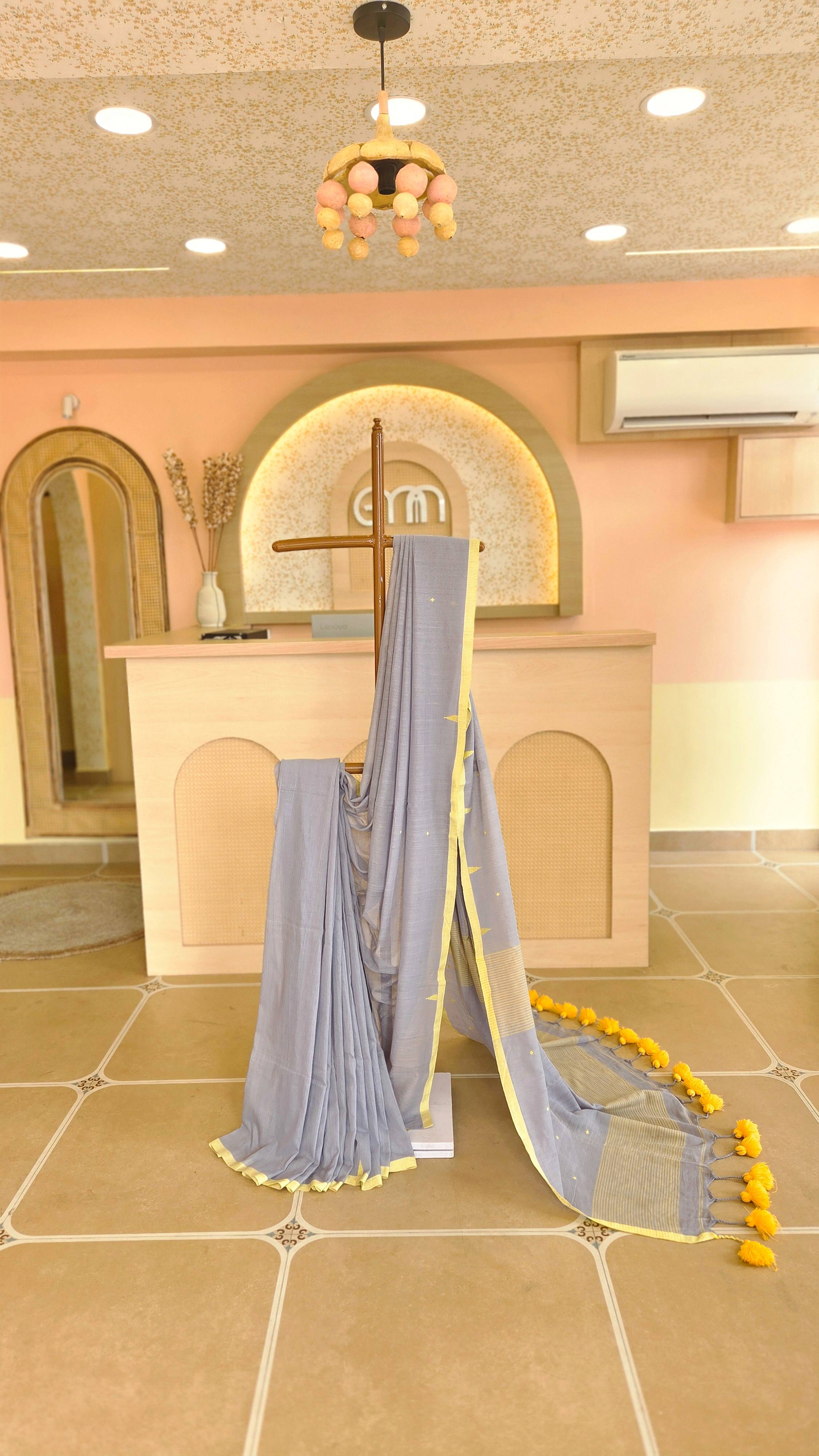 Grey & Yellow Mul Cotton Saree